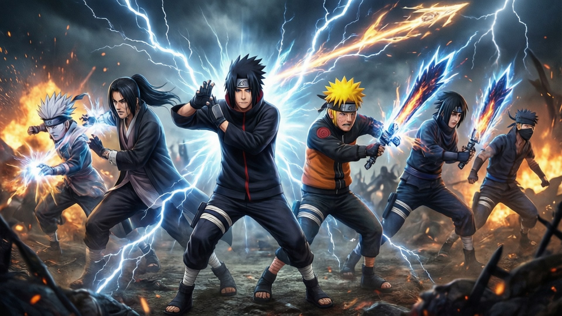 Multiple Chidori Users 壁紙 — 六名忍者戰士在風暴天空下的混亂戰場上釋放電力和火焰攻擊。
