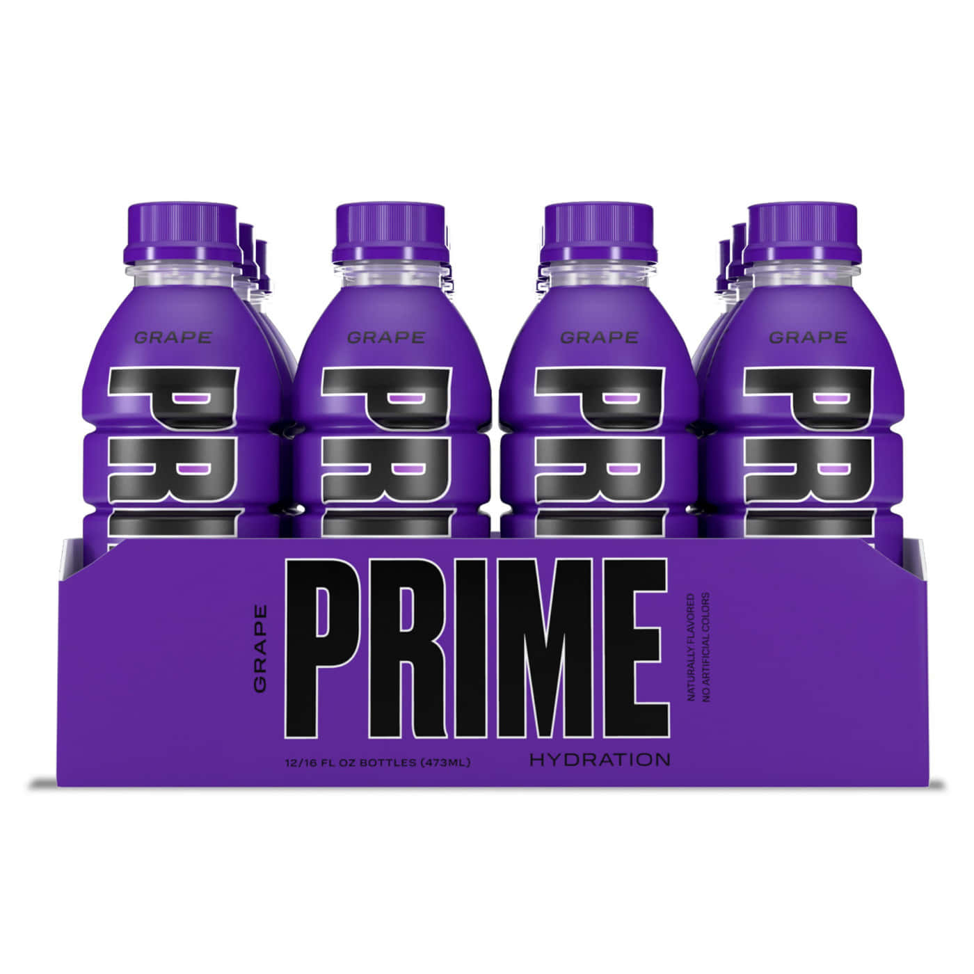  壁紙 — 六包裝紫色葡萄口味Prime水合飲料瓶，搭配相配的紫色紙板托架，背景為白色。