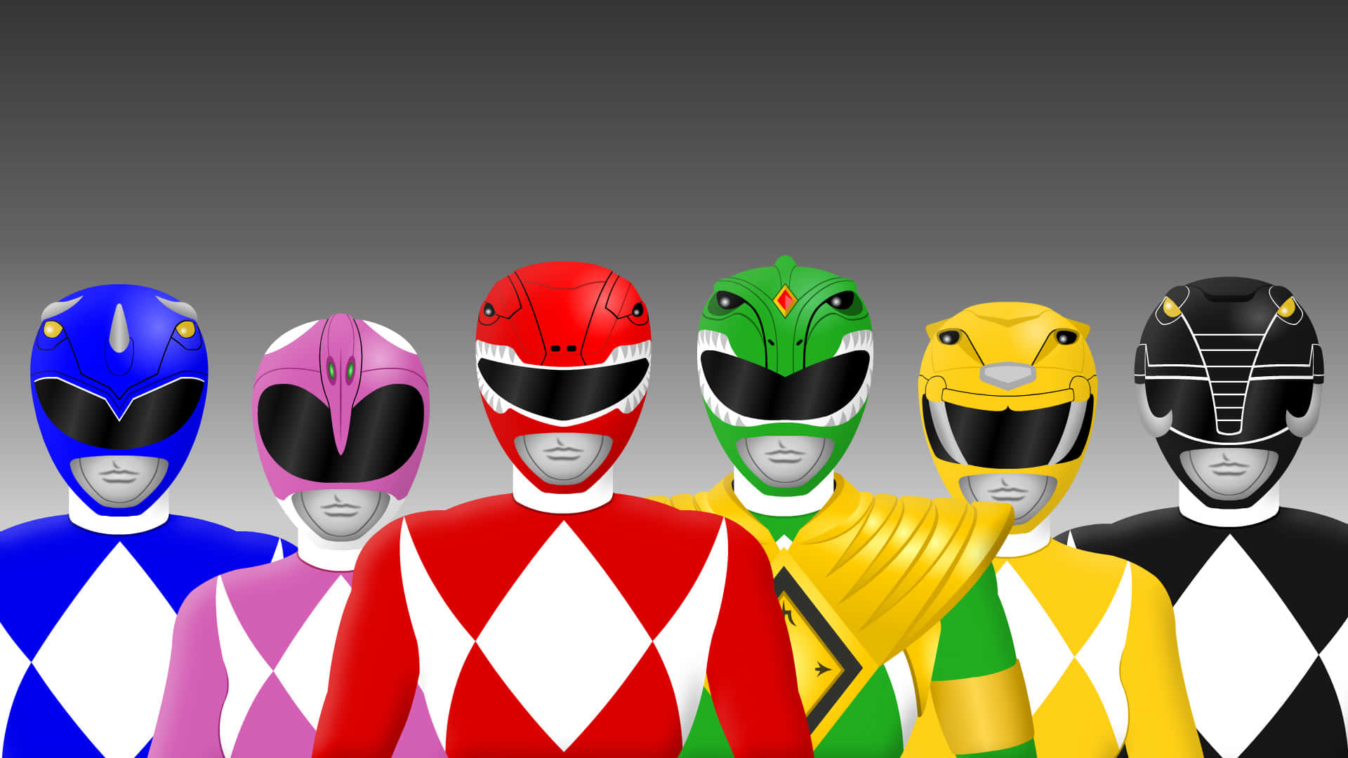  壁紙 — 六位身穿全彩裝甲的Power Rangers並排站在漸變灰色背景前。