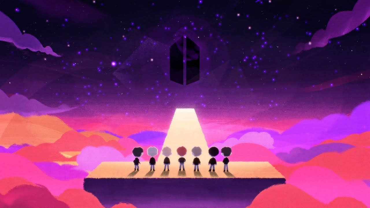 六個小人站在發光的平台上，在星空下仰望一個漂浮的黑色立方體。 — Bts 壁紙