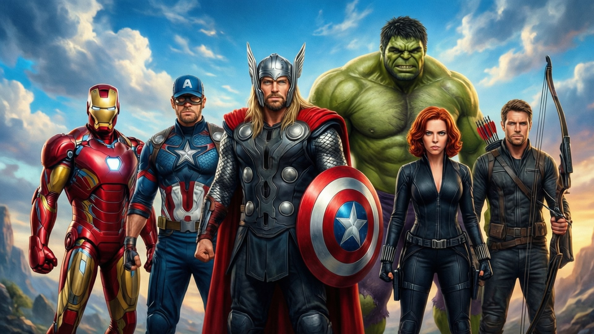 Avengers Heroic Lineup 壁紙 — 六位超級英雄英勇地站在戲劇性的天空下，有雲和遠山。