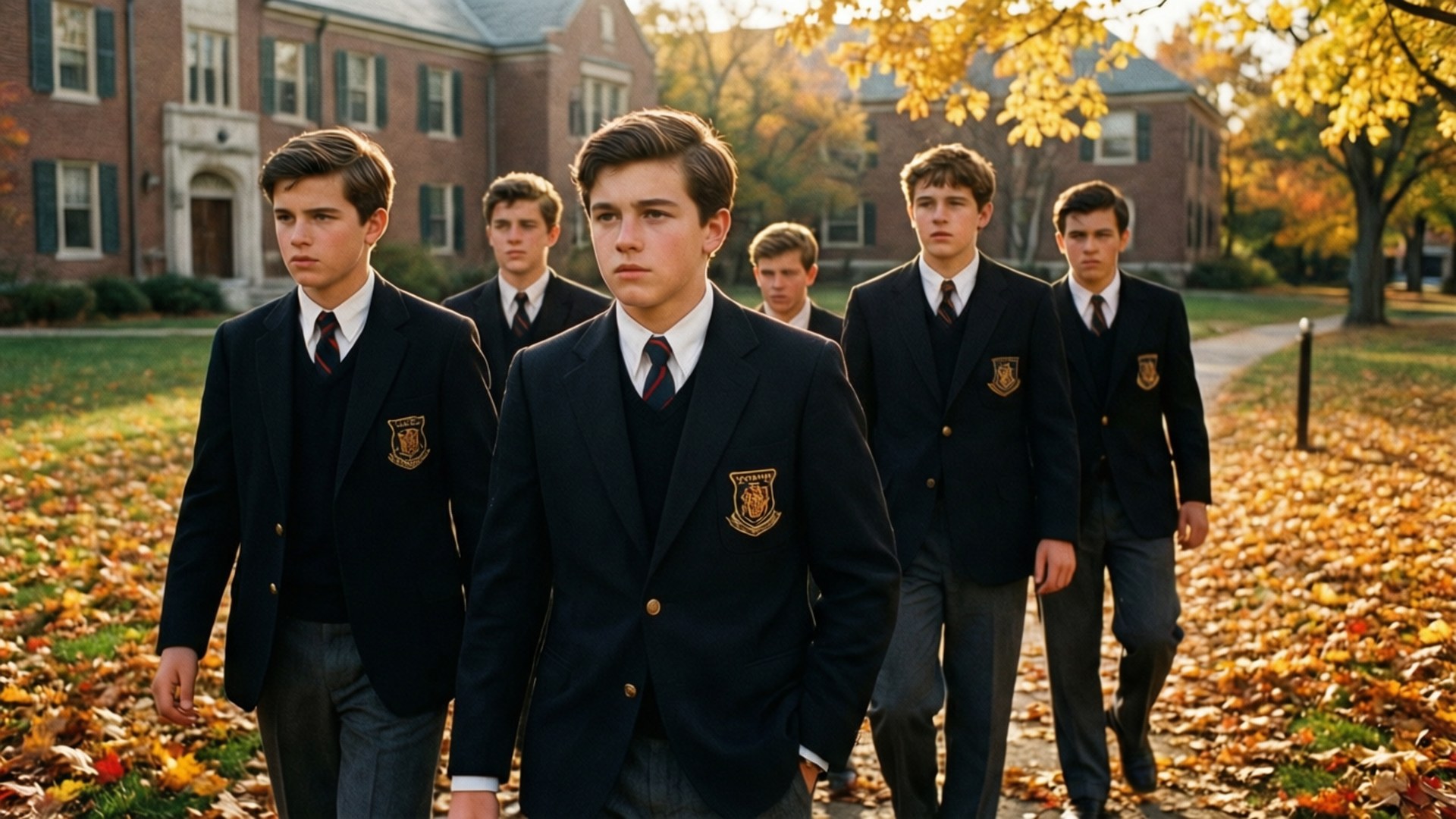 Dead Poets Society 桌布 壁紙 — 六名身穿相配校服的青少年男孩，在磚砌學校建築附近，沿著一條鋪滿金色秋葉的小徑堅定地行走。