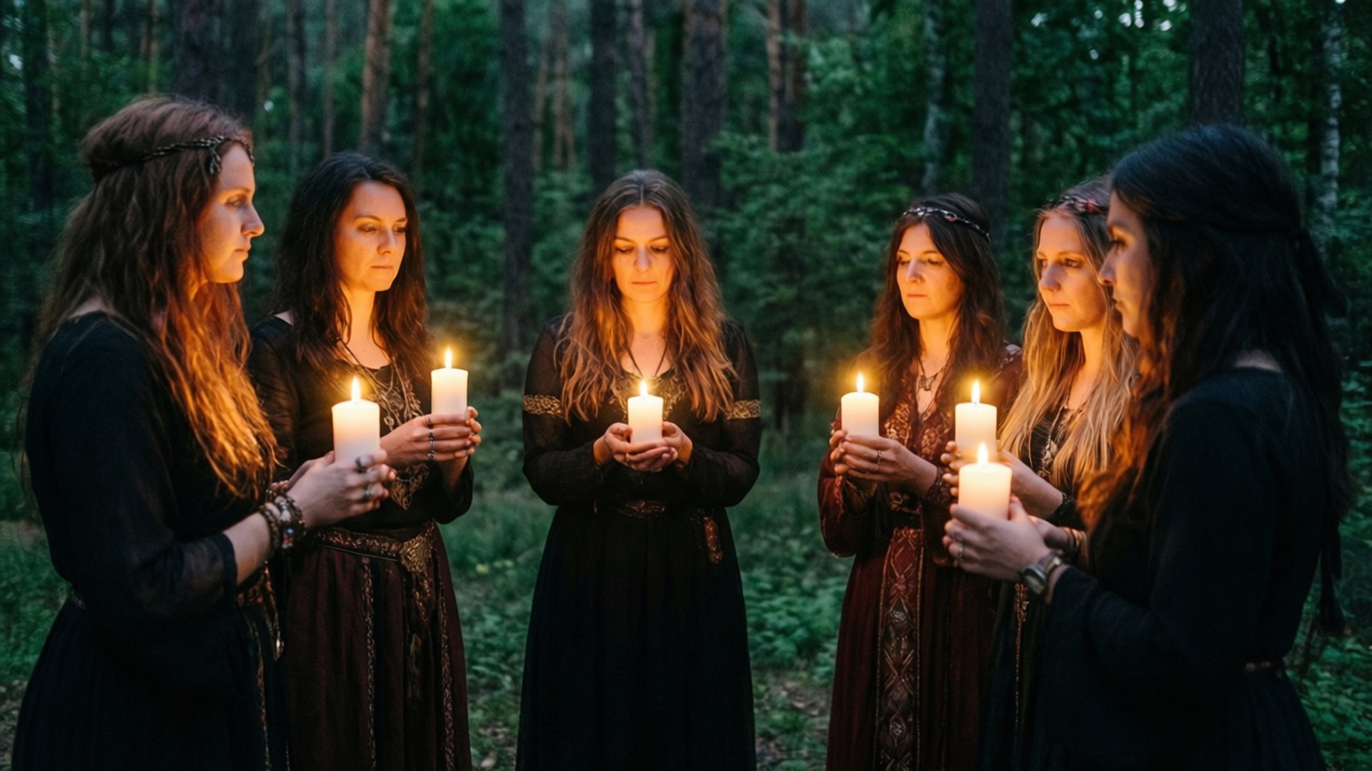Wiccan Coven Gathering 壁紙 — 六位身穿深色中世紀風格長袍的女性在黃昏時分的茂密森林中圍成一個圓圈，手持點燃的蠟燭。