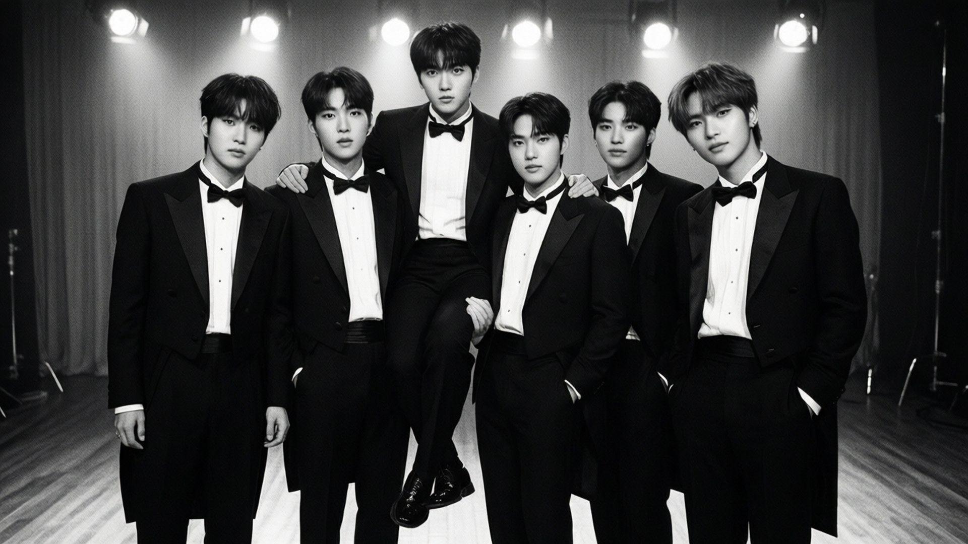 SHINee Vintage Tuxedo 壁紙 — 六位身穿黑色燕尾服、佩戴領結的年輕男士在木地板的攝影棚燈光下自信地擺姿勢。