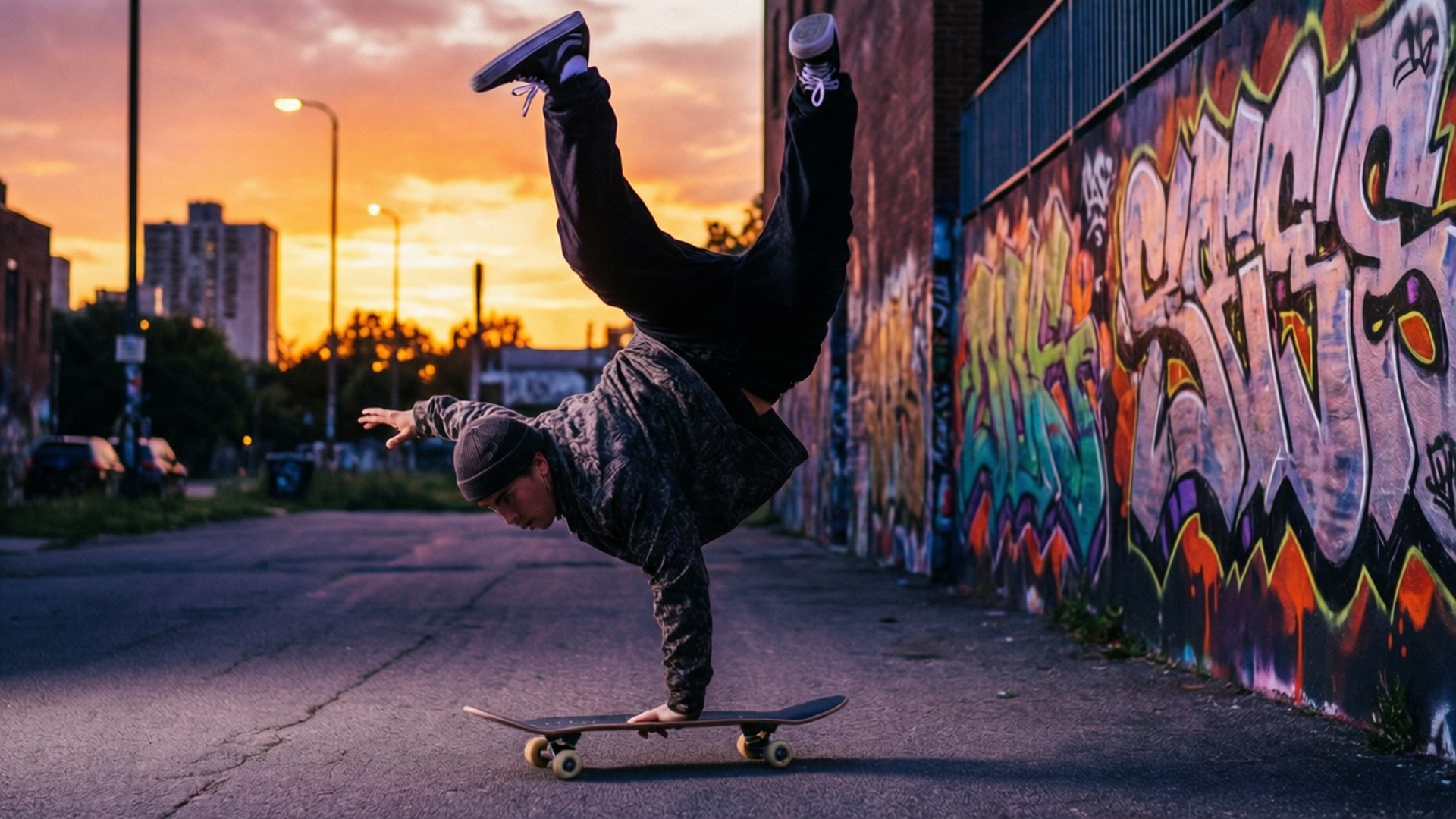 Skateboard Handstand Dance 壁紙 — 一名滑板手在日落時分，在佈滿塗鴉的牆前，在滑板上表演倒立。
