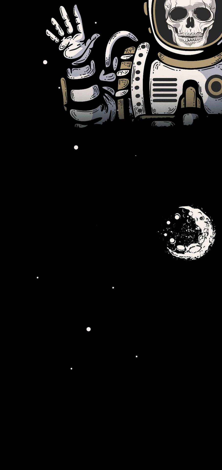 骷髏太空人在有月亮和星星的太空中揮手 — Galaxy S10 壁紙