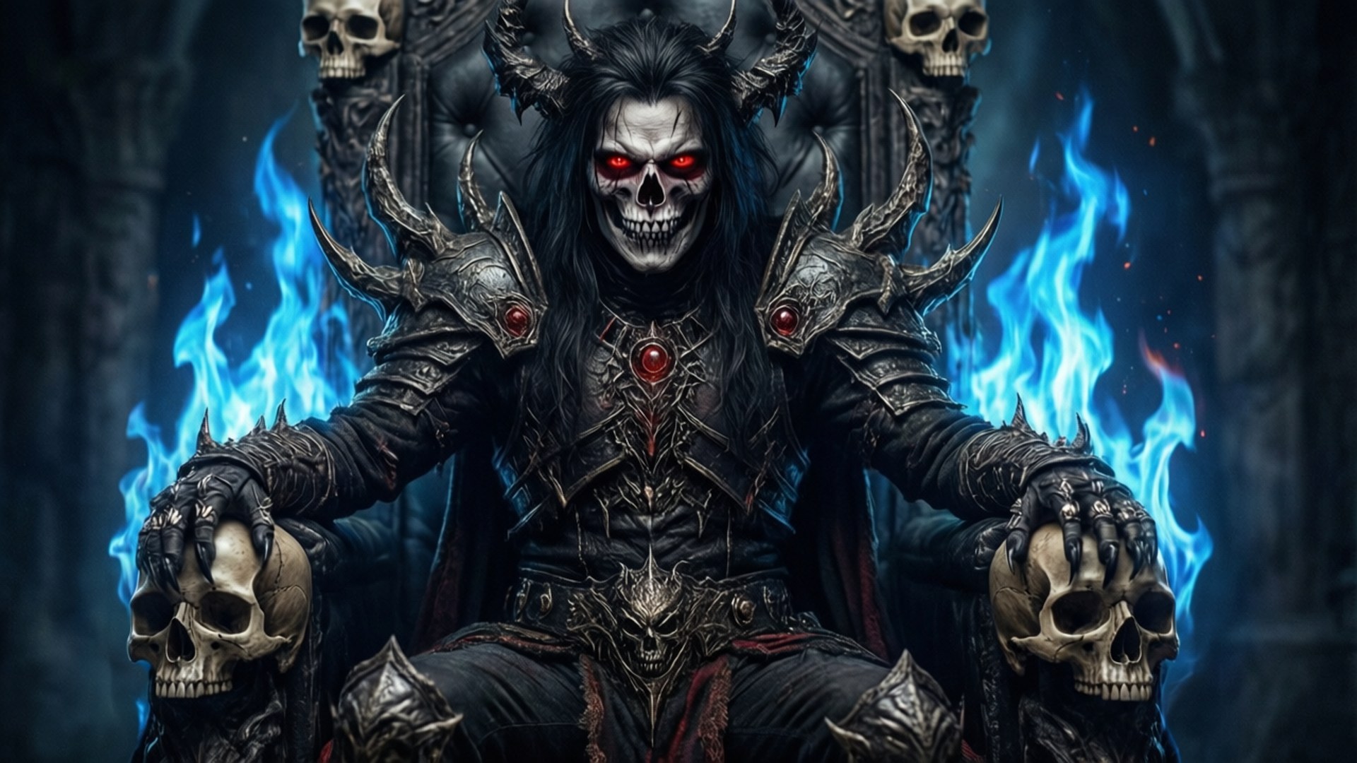 Throne of Skulls 壁紙 — 一個骨骼惡魔王，雙眼發出紅光，身著華麗盔甲，手持頭骨，坐在王座上，背後藍色火焰噴發。