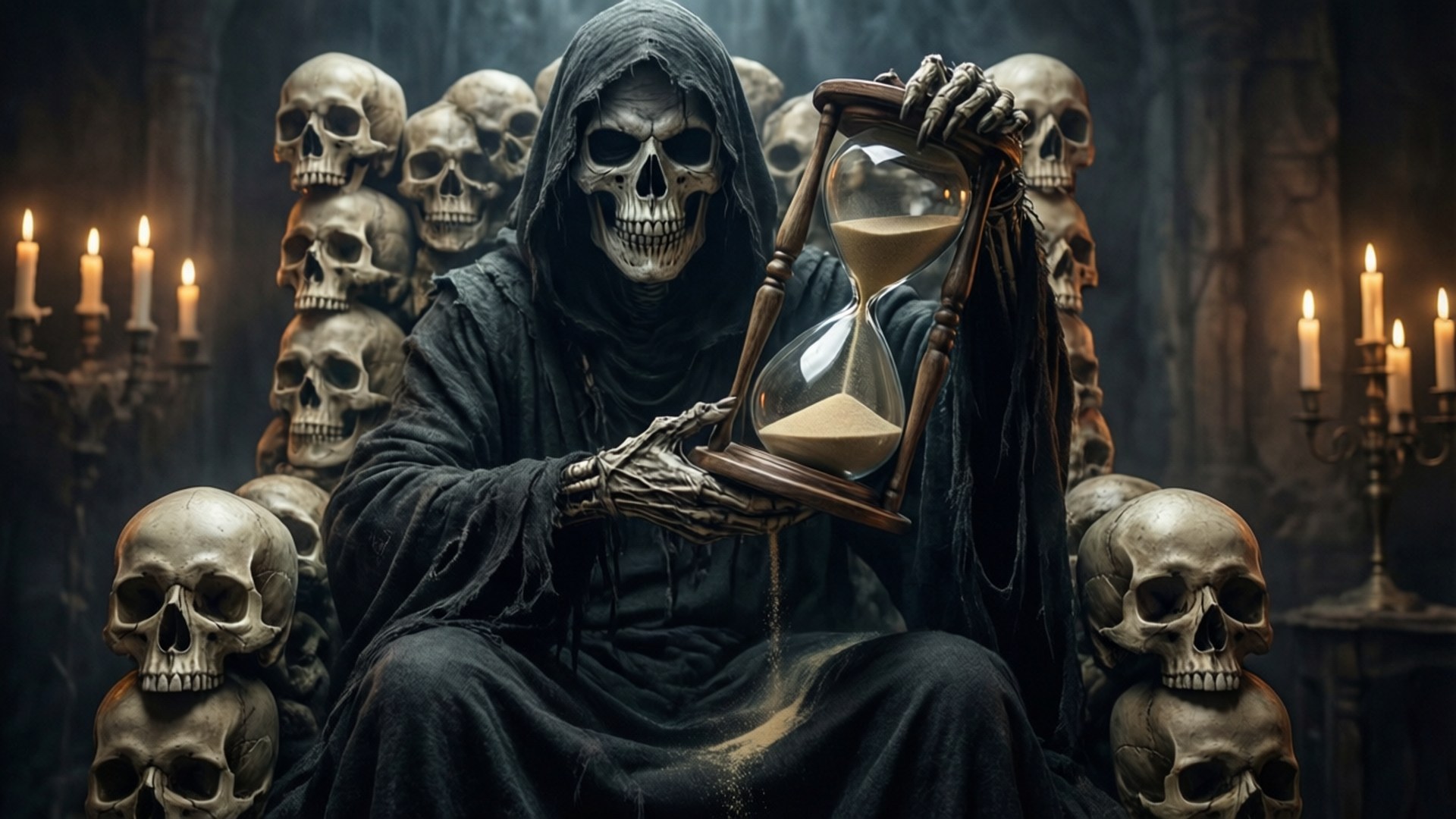 Throne of Skulls 壁紙 — 一個穿著深色連帽長袍的骷髏人物坐在由頭骨環繞的王座上，手持一個沙漏，沙子正在流動，燭光在陰暗的石室中閃爍。