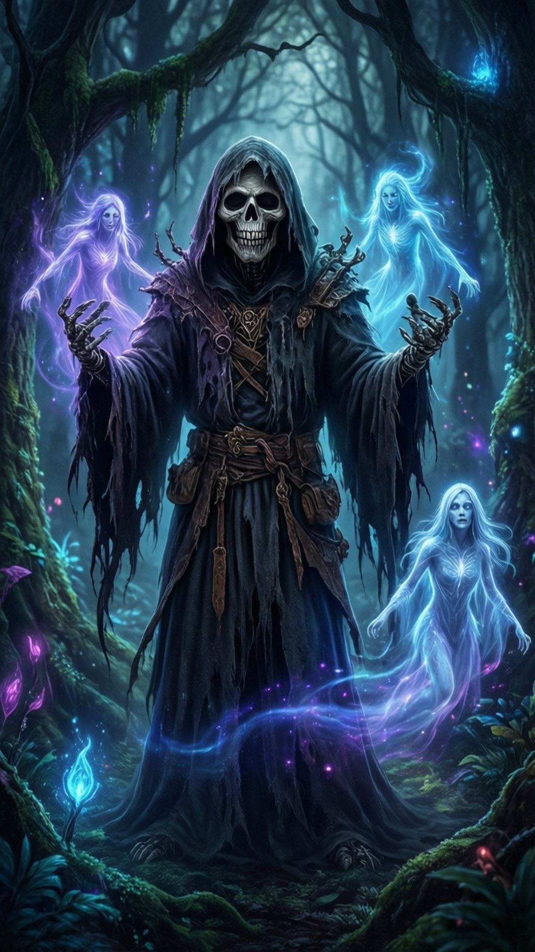 Spirit Woods 壁紙 — 一個穿著破爛深色長袍的骷髏人物站在迷霧籠罩的魔法森林中，周圍環繞著發光的空靈靈魂。