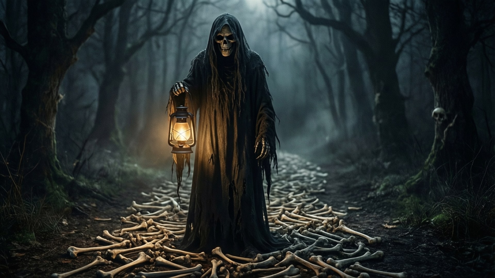 Lantern of Souls 壁紙 — 一個穿著破爛黑色長袍的骷髏身影，在霧氣瀰漫的黑暗森林中，站在一條散落著骨頭的小路上，手持發光的燈籠。