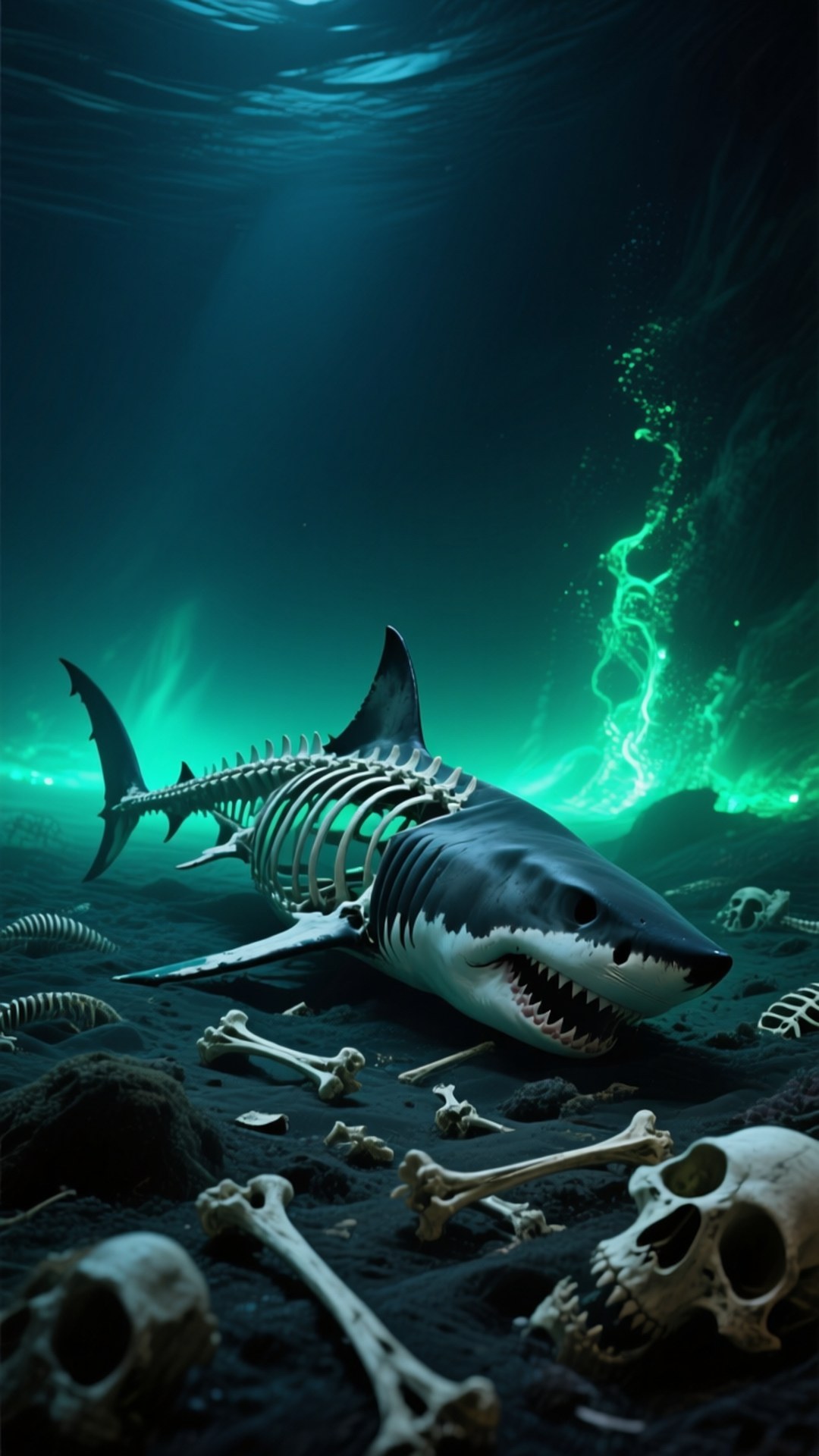 Shark Skeleton 壁紙 — 一條大白鯊的骨骼躺在黑暗的海底，周圍環繞著骨頭和頭骨，在詭異的綠色生物發光下。