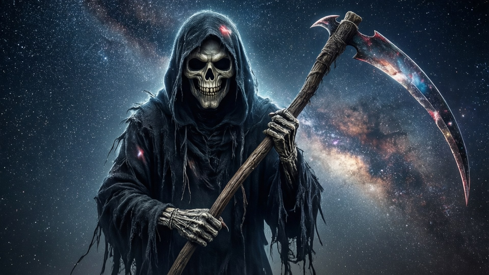 Galactic Reaper 壁紙 — 一個身穿破爛黑袍的骷髏死神，在繁星銀河背景下揮舞著宇宙鐮刀。