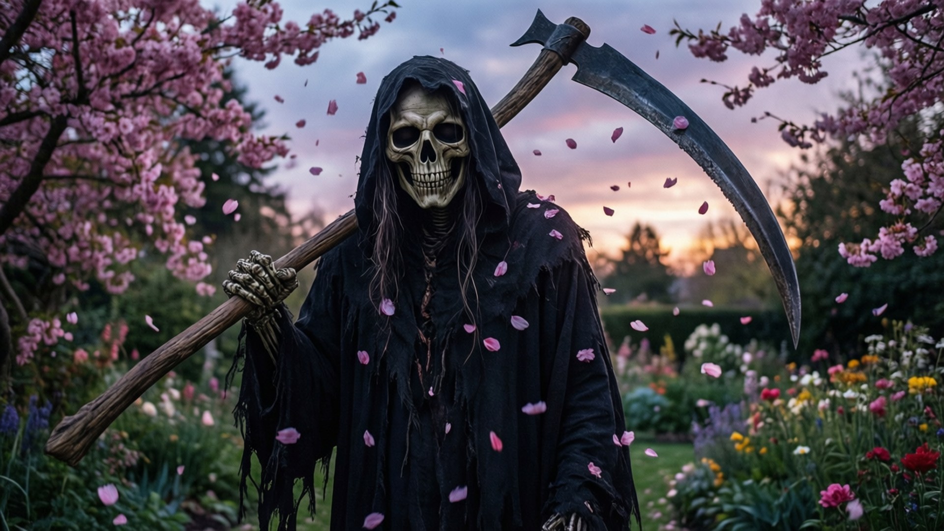 Reaper in Bloom 壁紙 — 一個穿著黑色長袍的骷髏死神在日落時分色彩繽紛的花園中，手持鐮刀，周圍飄落著粉紅色的櫻花。