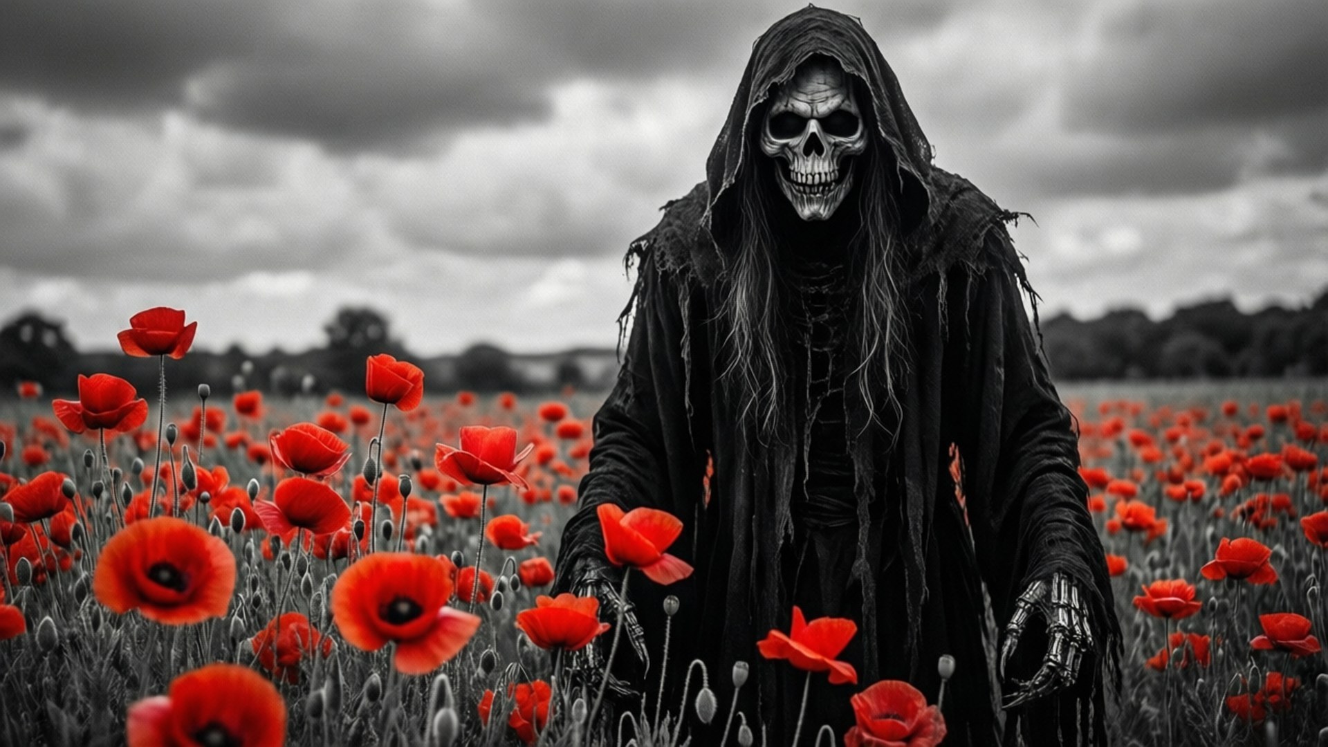 Poppies for the Dead 壁紙 — 一個骷髏死神穿著破爛的黑袍，站在一片鮮紅的罌粟花田中，天空陰沉灰暗。