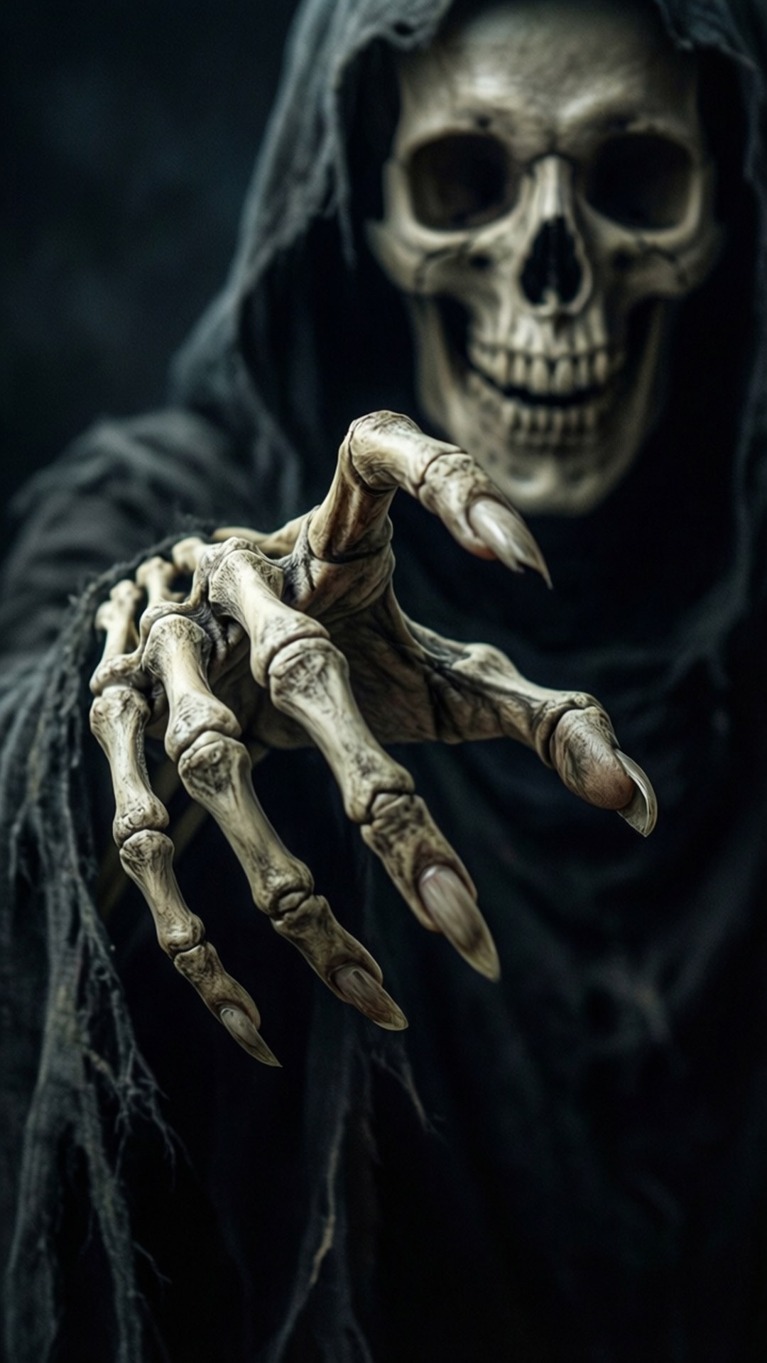 Reach of Death 壁紙 — 一個穿著破爛黑色連帽衫的骷髏死神，在黑暗背景下向觀眾伸出一隻骨瘦如柴、長著長而鋒利爪子的手。