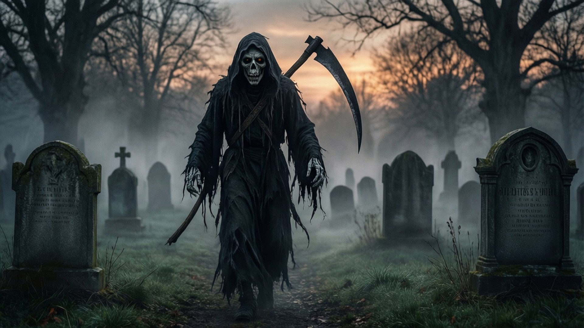 Graveyard Stroll 壁紙 — 一個穿著破爛黑色長袍的骷髏死神在黃昏時分揮舞著鐮刀穿過迷霧籠罩的墓地。