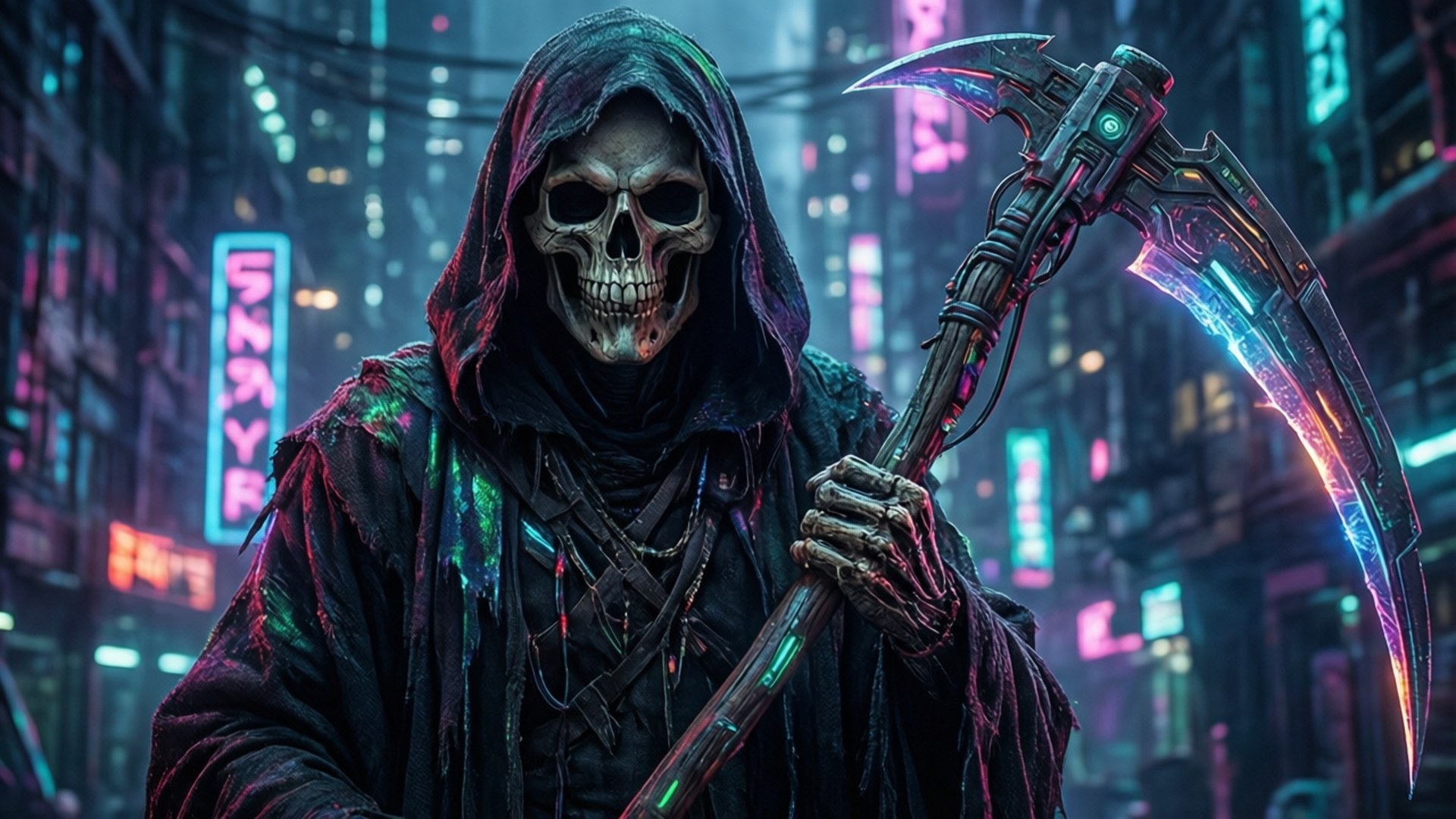 Neon Reaper 壁紙 — 一個穿著破爛連帽長袍的骷髏死神，在霓虹燈照亮的摩天大樓中揮舞著發光的電子鐮刀。