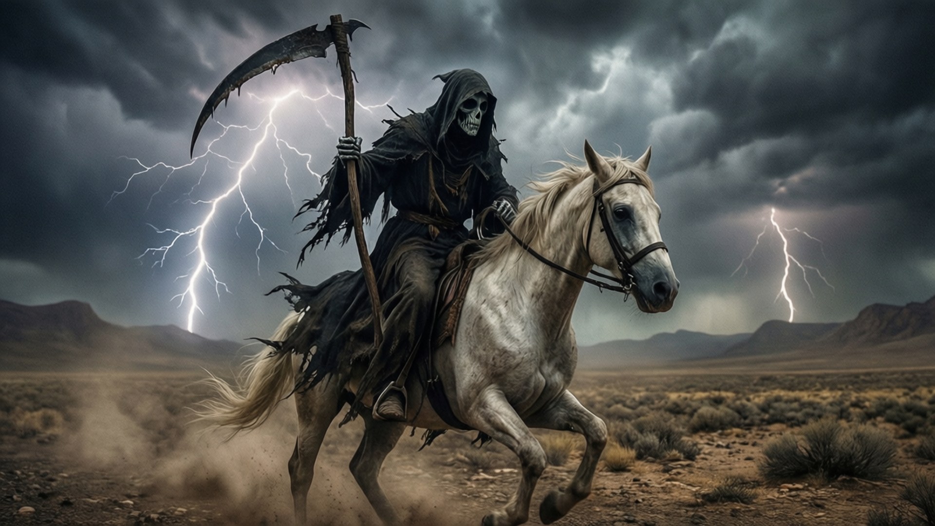 Pale Rider 壁紙 — 一個身穿破爛斗篷的骷髏死神騎著一匹奔騰的白馬，穿過暴風雨的沙漠，閃電在黑暗的天空中劃過。