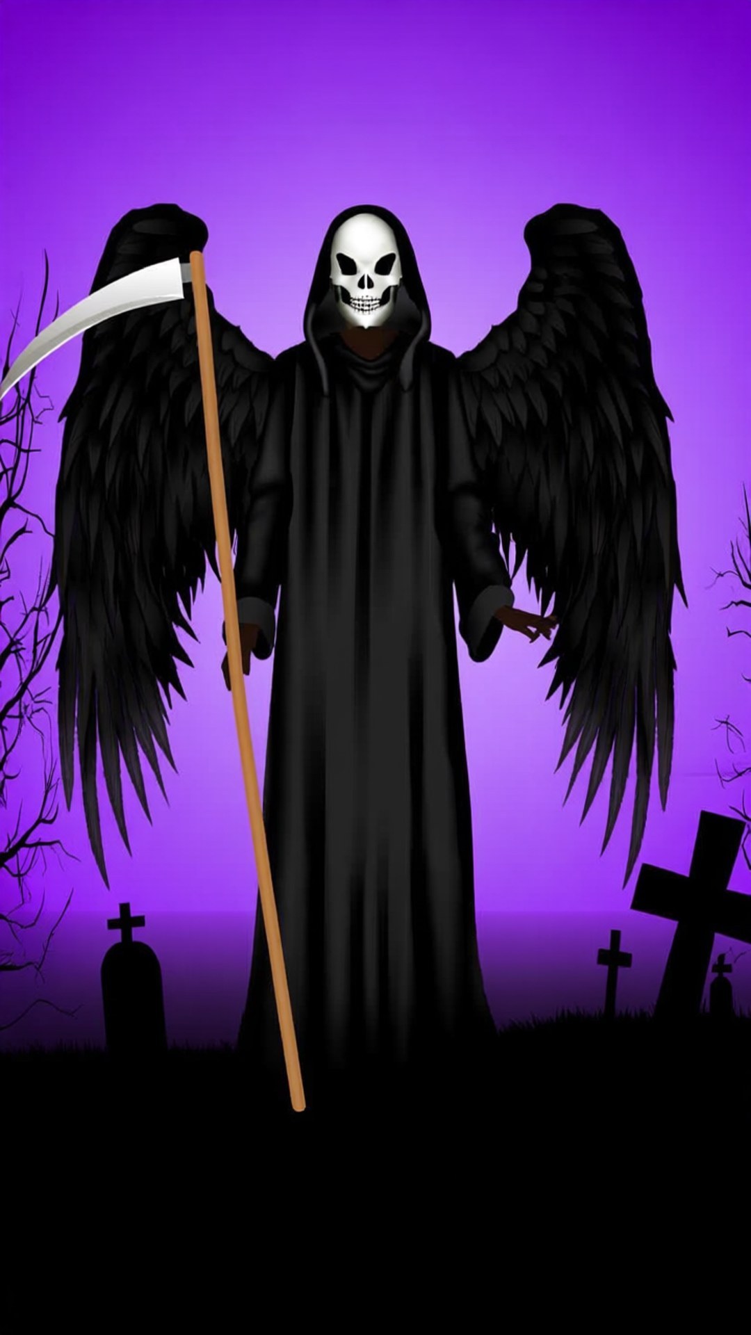 Gothic Angel of Death 壁紙 — 一個骷髏死神，有黑色翅膀和鐮刀，站在紫色天空下的墓地中。