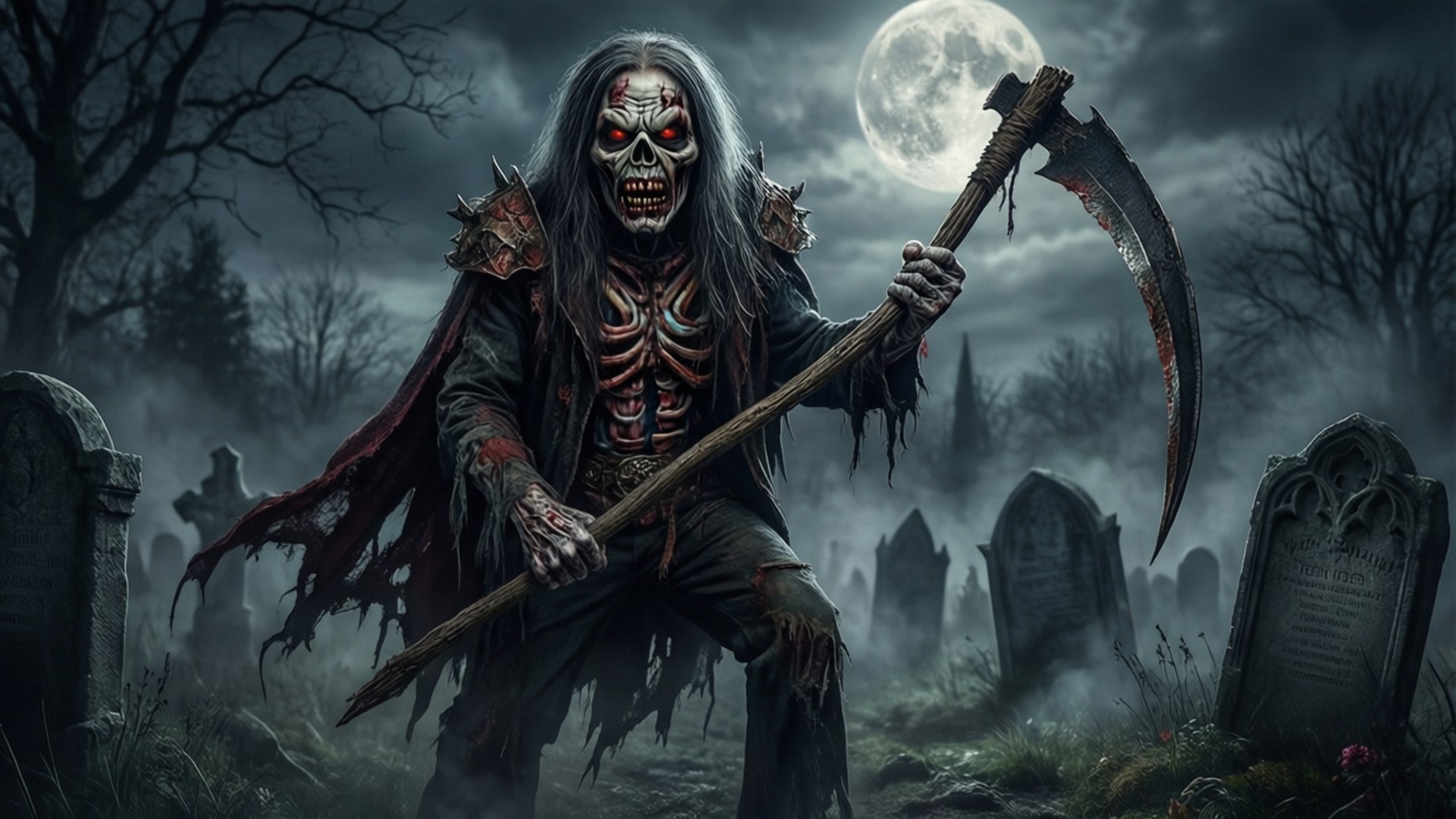 Eddie Rises from Grave 壁紙 — 一個骷髏死神，眼睛發紅光，長灰髮，在滿月下的霧氣墓地揮舞著血跡斑斑的鐮刀。