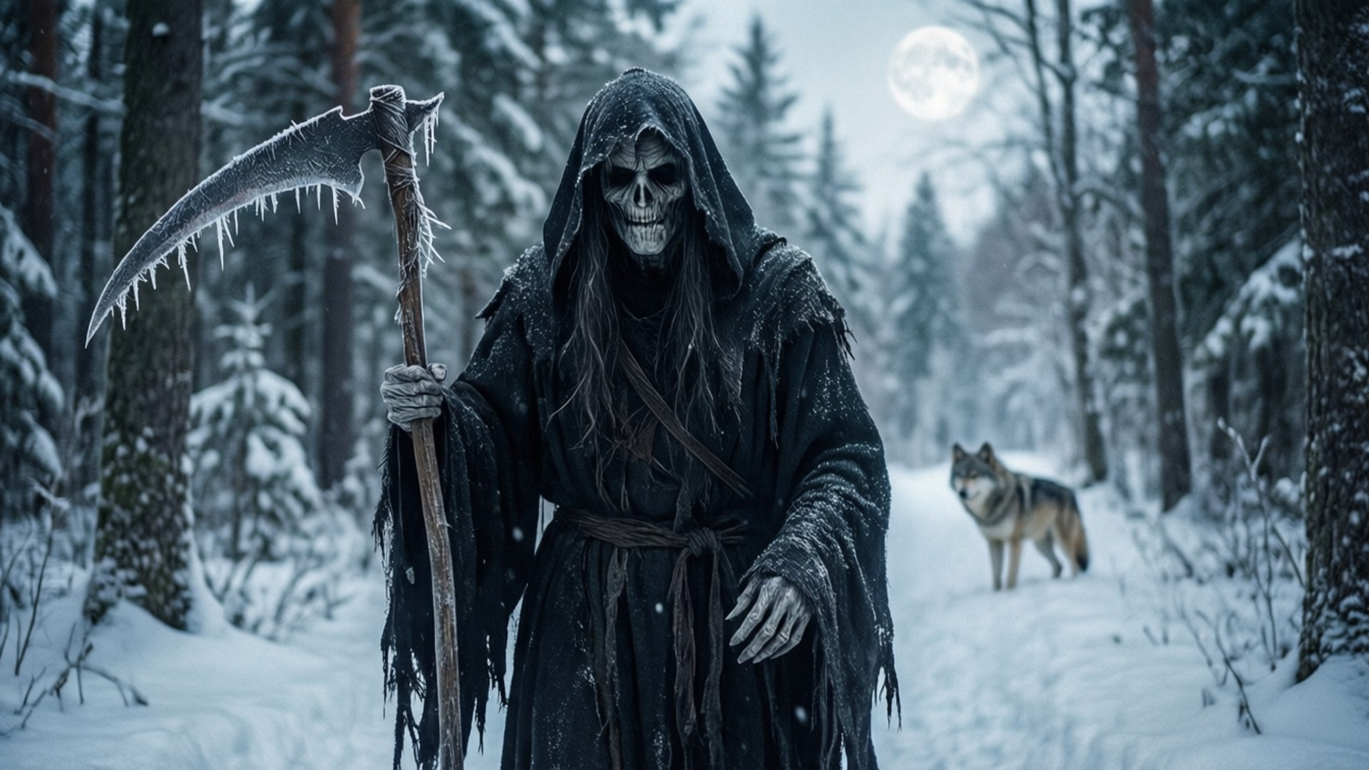 Winter Reaper 壁紙 — 一個穿著破爛黑袍的骷髏死神，在滿月下的雪地森林中手持冰覆蓋的鐮刀，背後有一隻狼在注視。