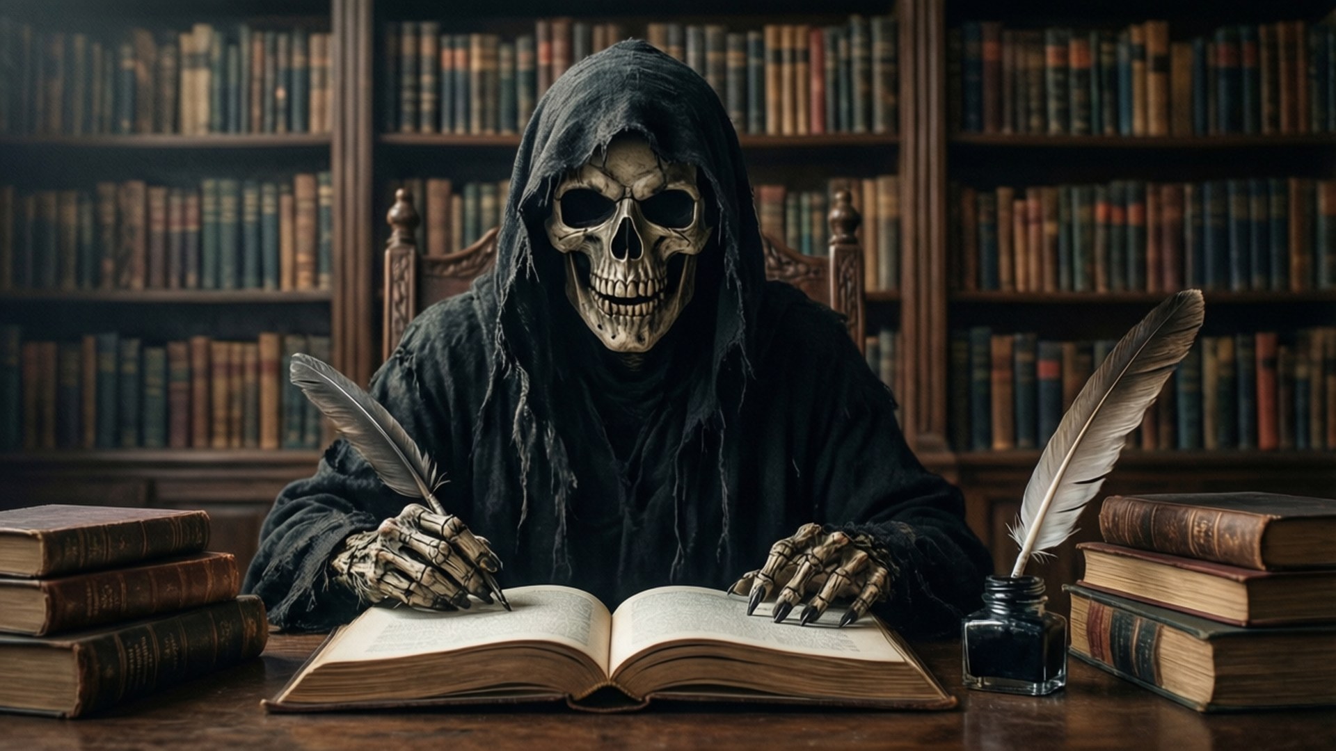Knowledge of Death 壁紙 — 一個骷髏死神穿著黑色連帽長袍，坐在木桌旁，用羽毛筆在打開的書上寫字，周圍堆滿了舊書，在昏暗的圖書館中。