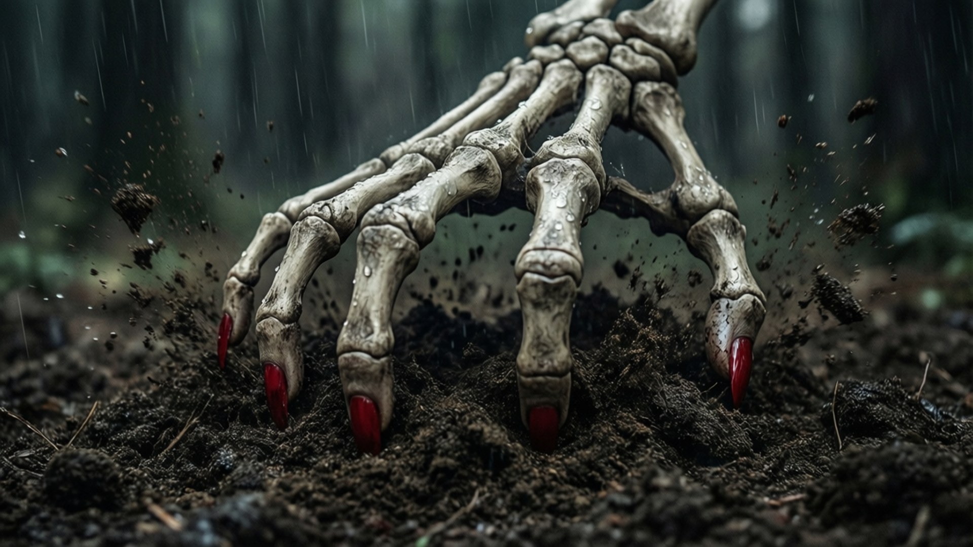 Risen from the Grave 壁紙 — 一隻塗有紅色指甲的骷髏手從潮濕黑暗的泥土中冒出，在雨林中。