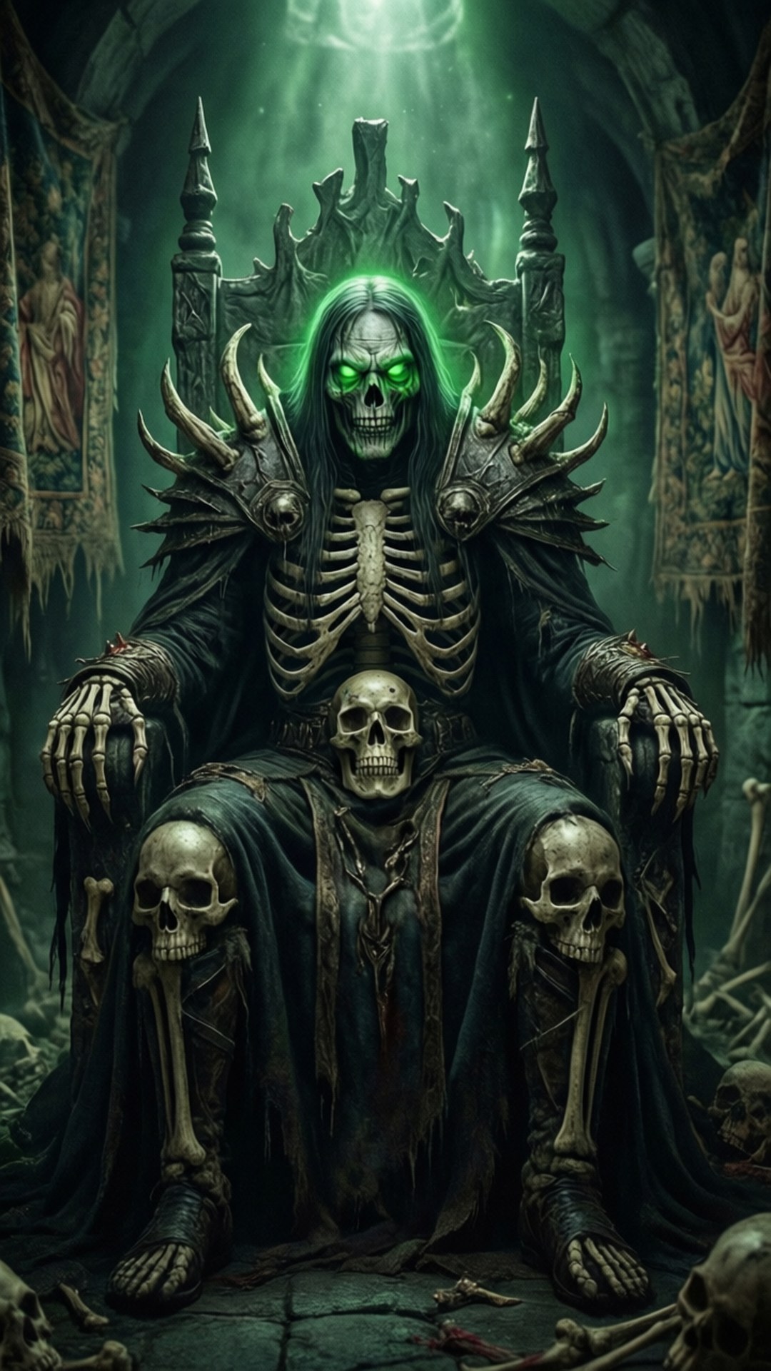 Lich King's Throne 壁紙 — 一個骷髏國王，眼睛發出綠色光芒，坐在黑暗大教堂的王座上，周圍環繞著頭骨和骨頭。
