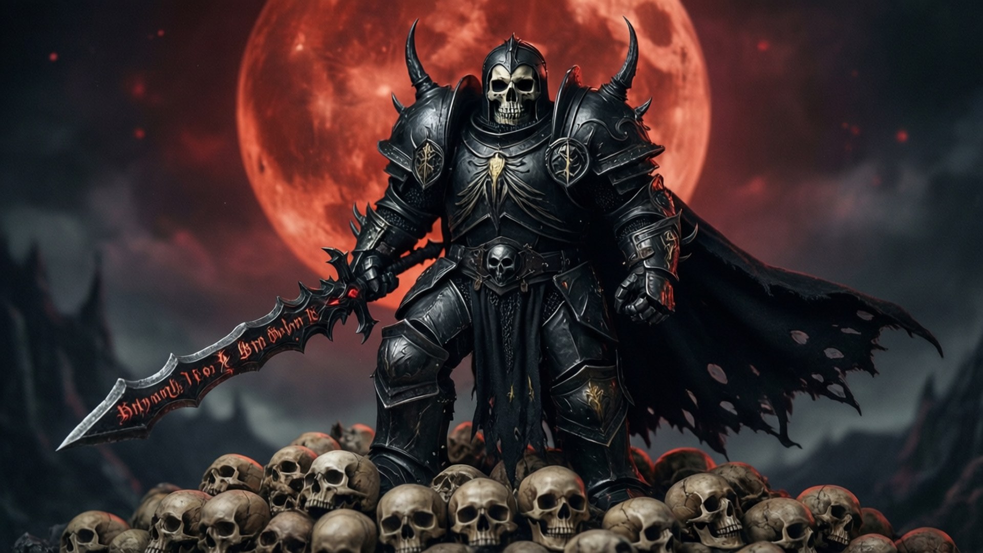 Death Knight on Skull Hill 壁紙 — 一個身穿華麗黑色盔甲的骷髏騎士站在一堆頭骨上，在巨大的紅月下握著一把血淋淋的劍。