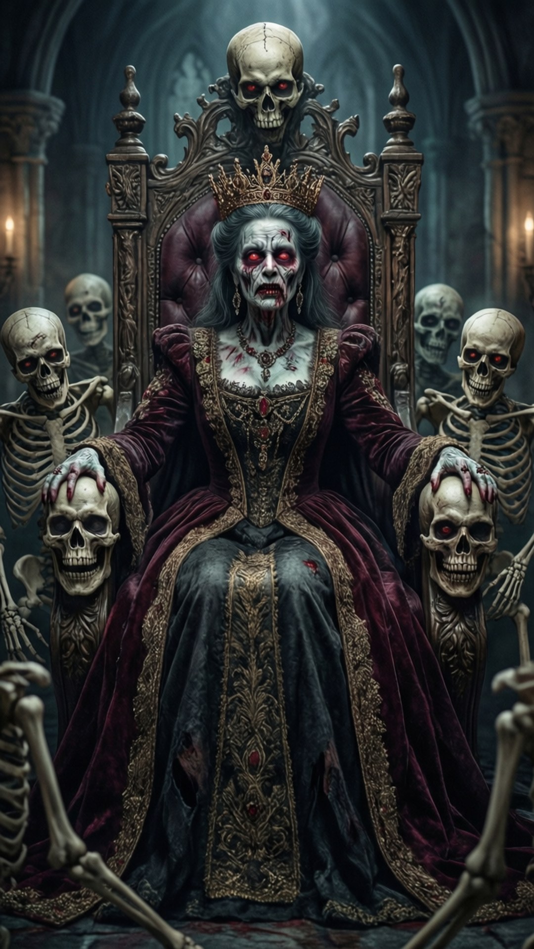 Queen of the Dead 壁紙 — 一位骨骼女王，眼睛發出紅光，坐在哥德式大教堂的王座上，周圍環繞著骨骼侍從。