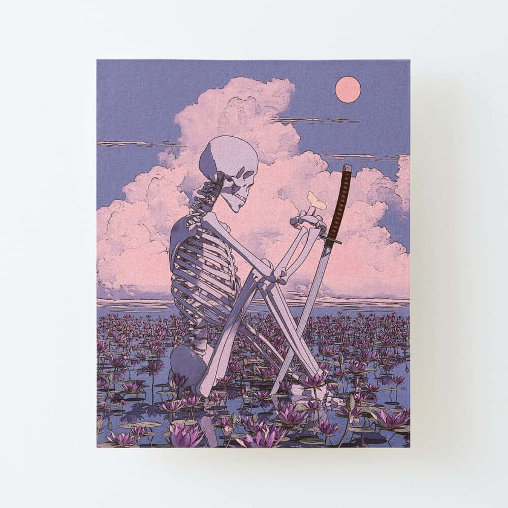  壁紙 — 一個骷髏武士跪在紫色蓮花田中，在粉紅月光下握著一把刀。