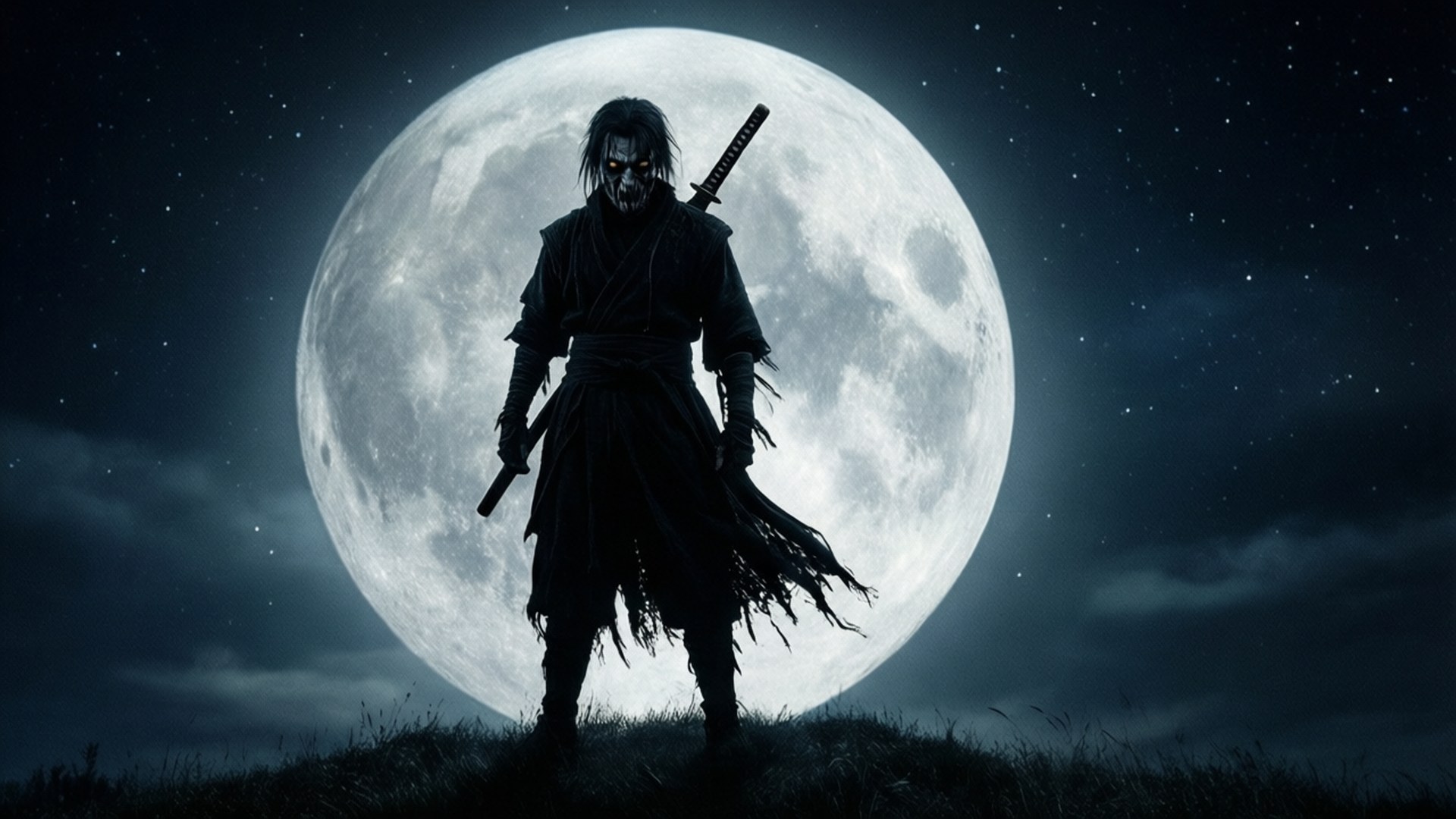 Moonlit Warrior 壁紙 — 一個骷髏武士剪影站在一個巨大的滿月前，背景是星空夜空。