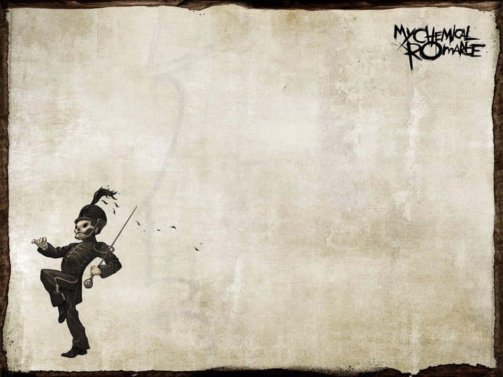  壁紙 — 一個身穿制服的骷髏士兵在帶有 'My Chemical Romance' 標誌的舊羊皮紙上揮劍起舞。