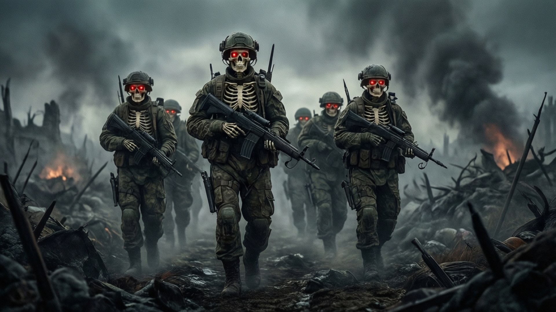BT Skeleton Soldiers March 壁紙 — 骷髏士兵帶著發光的紅眼睛，穿過充滿煙霧、佈滿碎片和火焰的戰場行進。