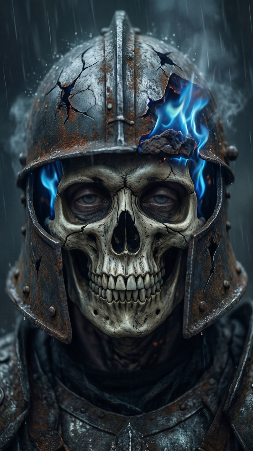 Soulslike 桌布 壁紙 — 一個骷髏臉的戰士，身穿破裂生鏽的盔甲，在暴雨中頭盔噴出藍色火焰。