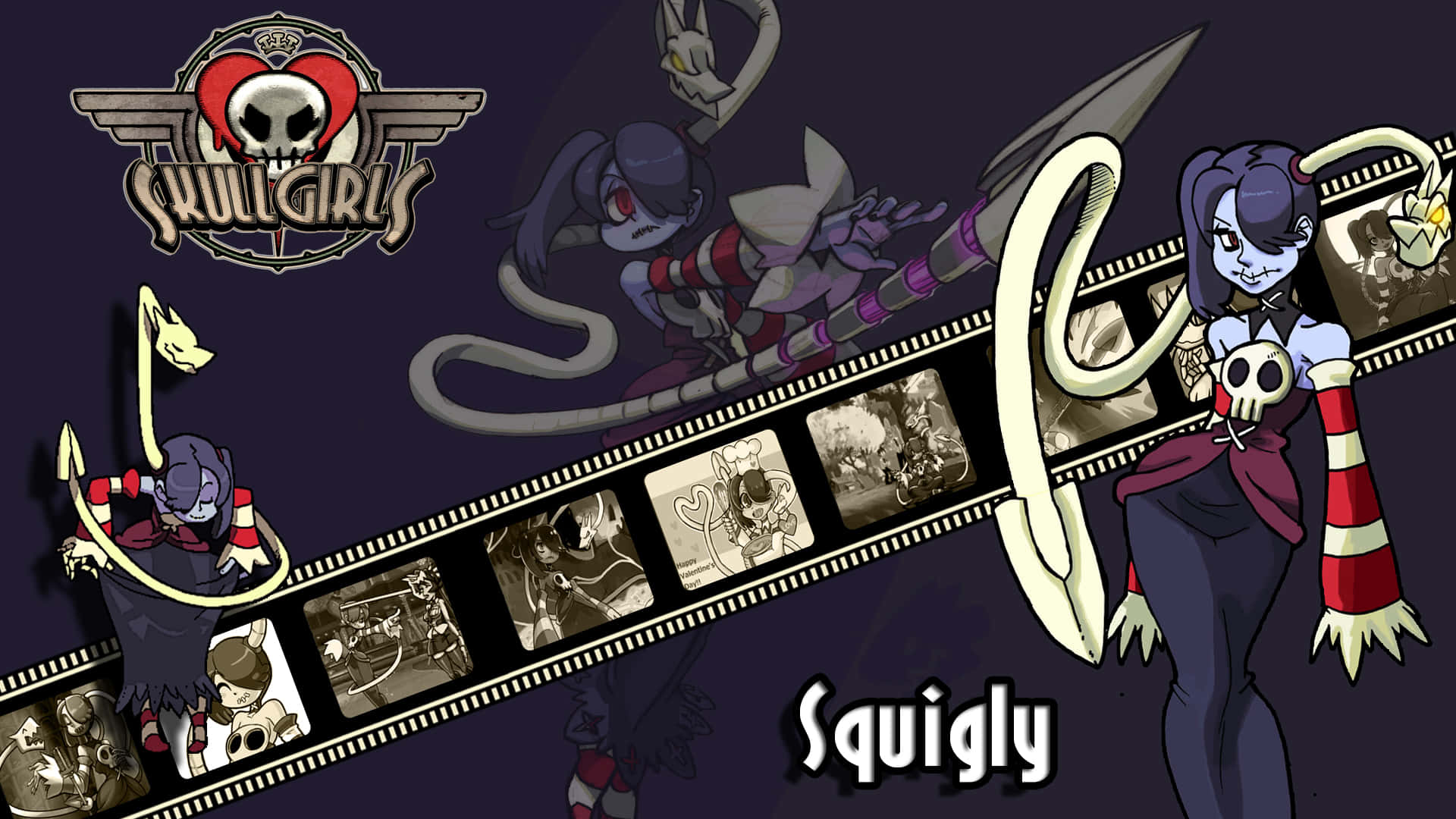 games 桌布 壁紙 — Skullgirls 的 Squigly 站在一條展示她角色藝術的膠片條旁，背景為深紫色。