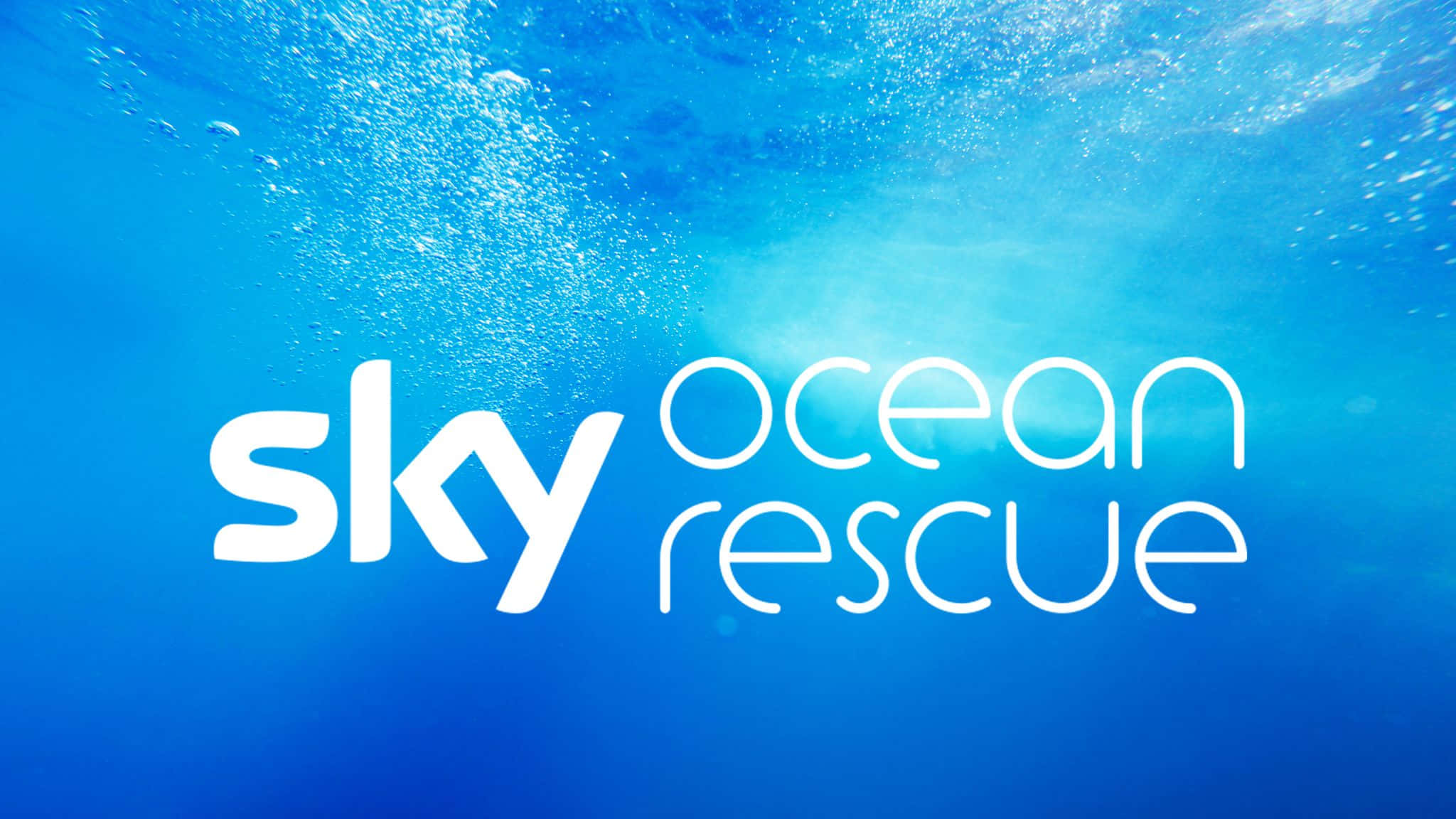 高清 桌布 壁紙 — Sky Ocean Rescue 標誌的水底視圖，帶有上升的氣泡和陽光照耀的藍色海水。