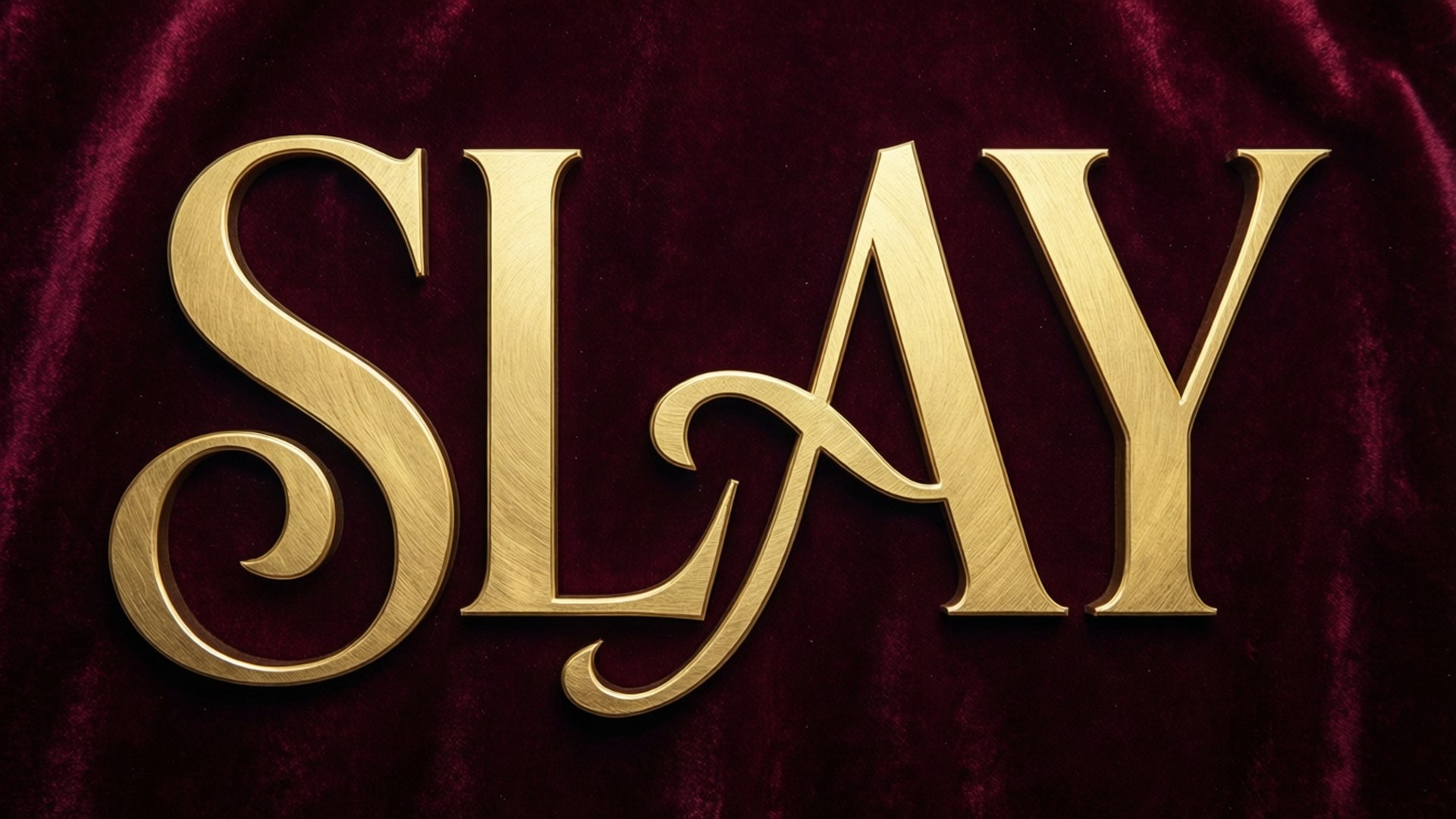 Slay 桌布 壁紙 — 優雅金色字體拼寫的「SLAY」一詞，放置在帶有柔軟皺褶和奢華質感的濃郁酒紅色天鵝絨背景上。