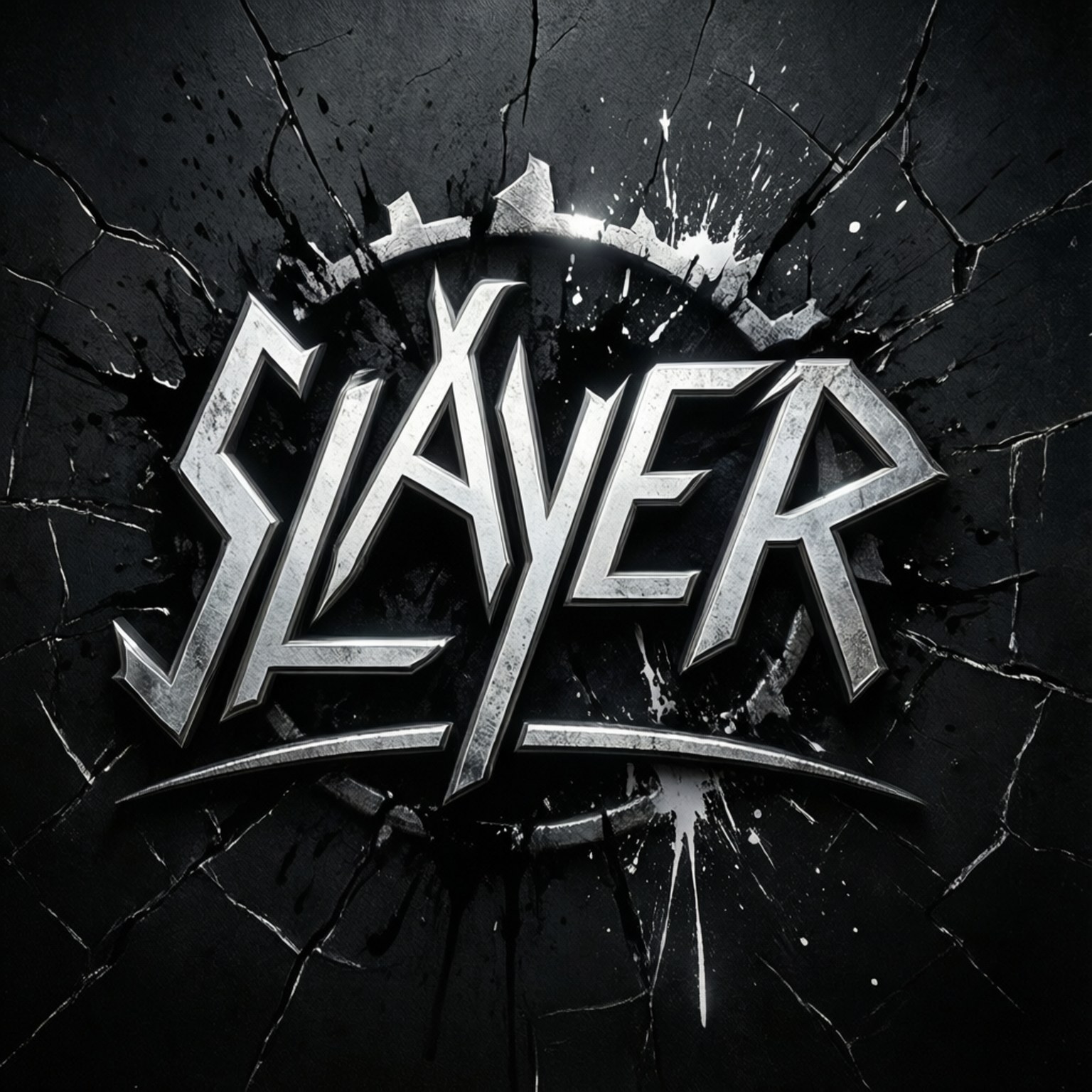 金屬質感Slayer標誌 壁紙 — 金屬樂團Slayer的標誌衝破裂開的黑色表面，帶有飛濺的銀色油漆和銳利的角形字體。