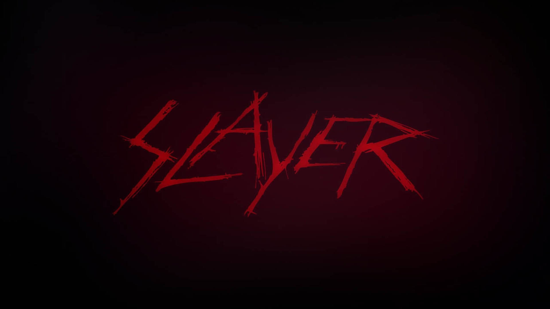 殺手 桌布 壁紙 — 「SLAYER」一詞以鋸齒狀紅色字體在深色漸變背景上發光。