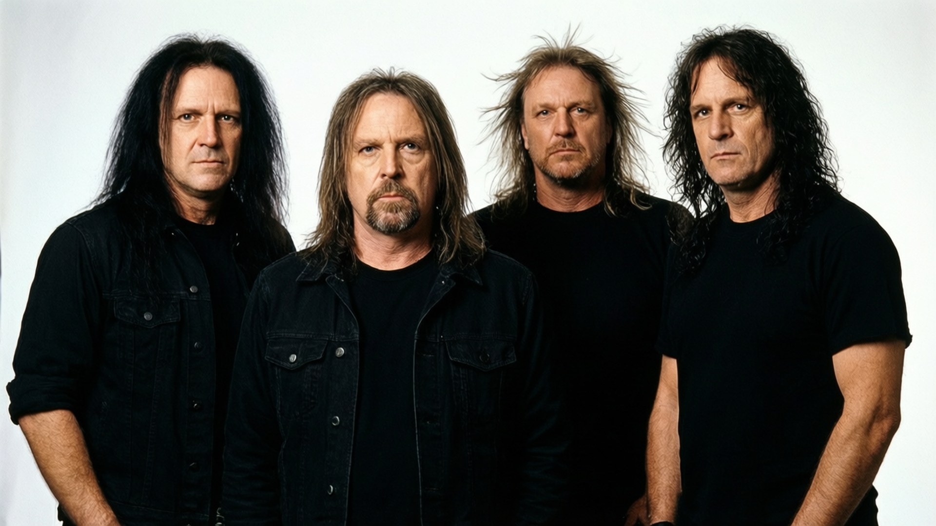 Slayer 樂團棚拍肖像 壁紙 — 四位長黑髮、表情嚴肅的男子，身穿黑色衣服，在純白背景前站成一排。