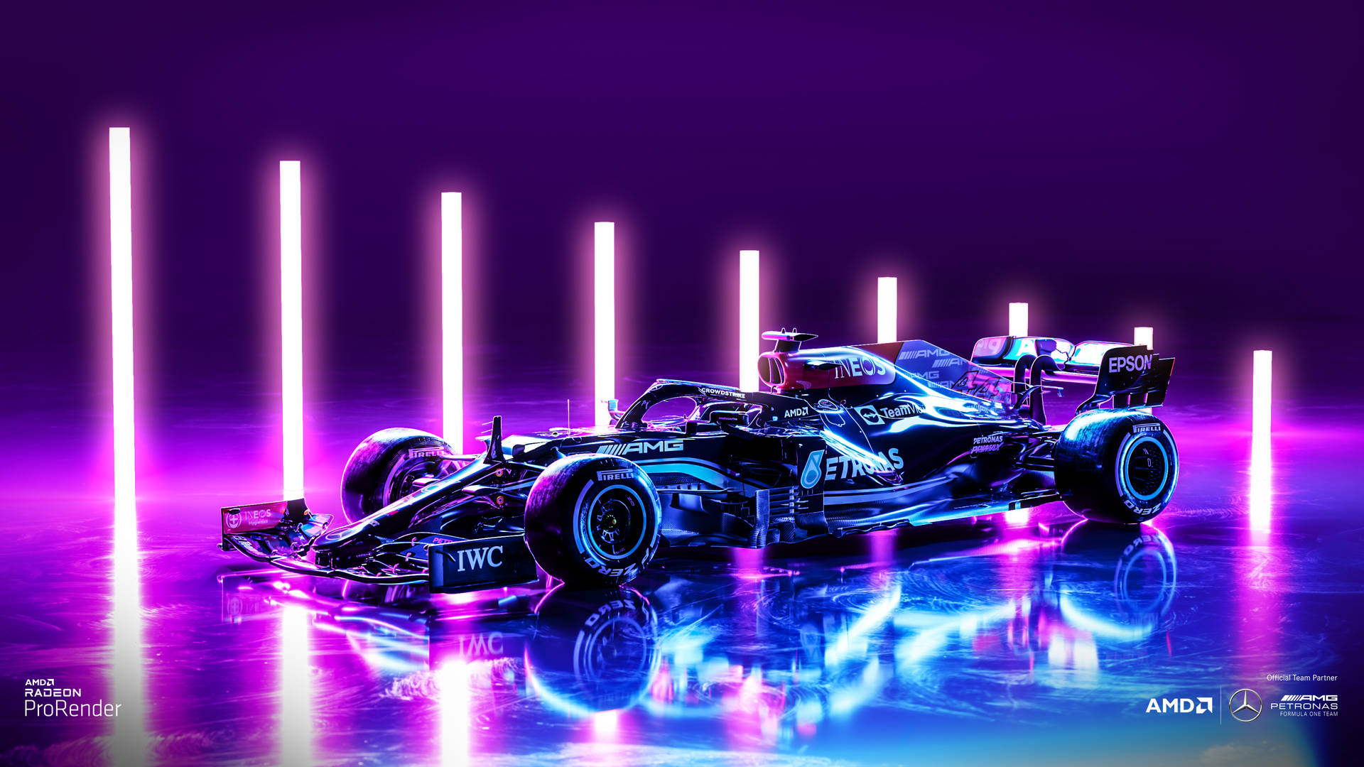 在濕滑反射表面上，霓虹燈下發光的一級方程式賽車。 — 酷炫F1 壁紙