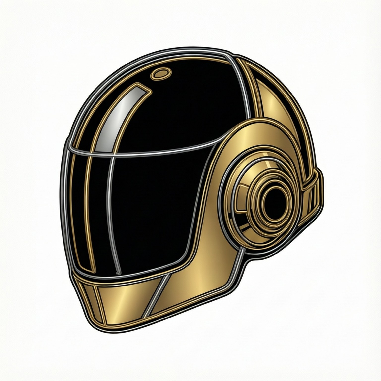 Line Art Helmets 壁紙 — 一個時尚的黑色和金色未來主義頭盔，帶有金屬裝飾和圓形側面通風口，背景為純白色。
