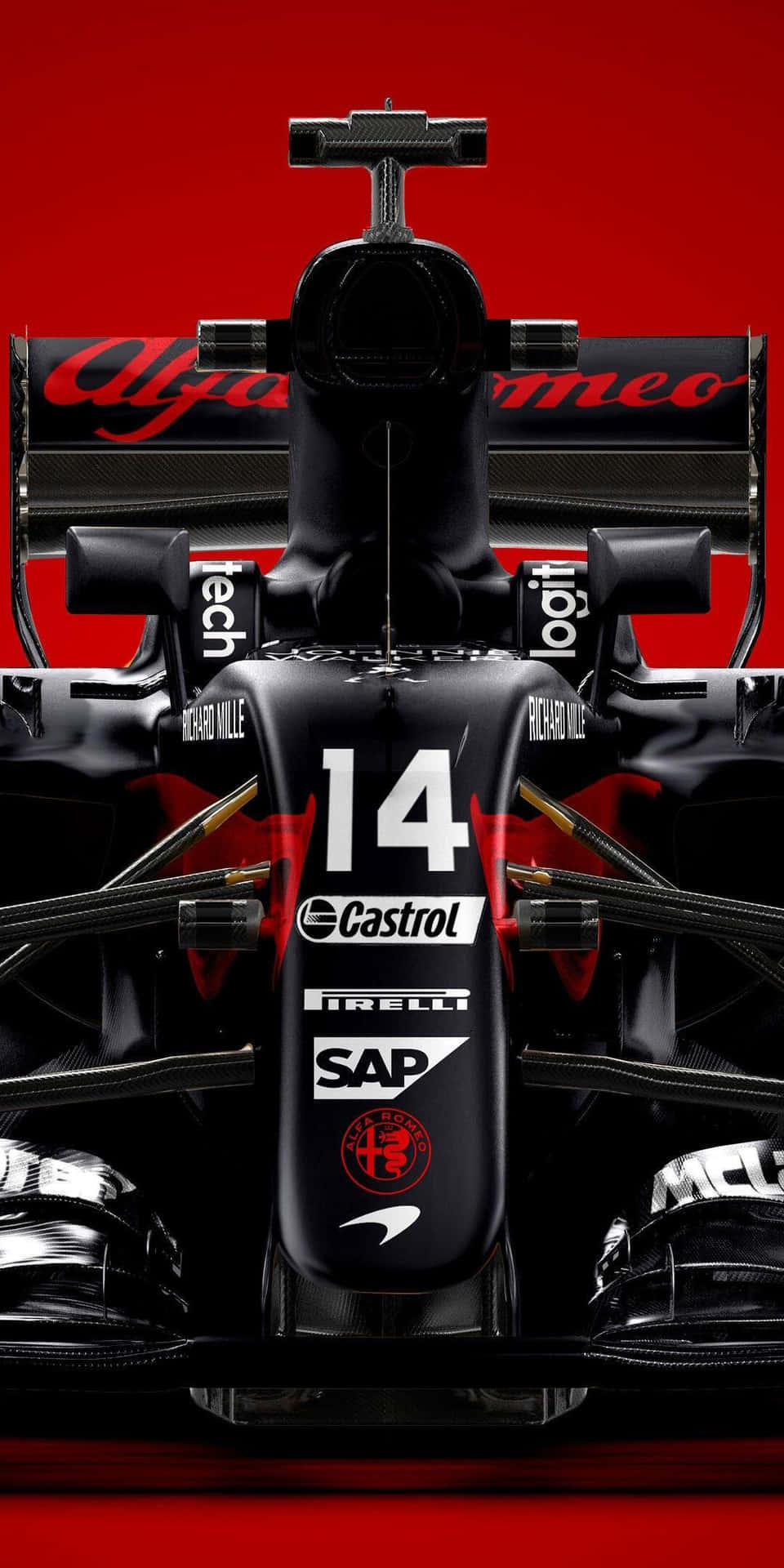 黑色和紅色一級方程式賽車，帶有14號和贊助商標誌。 — F1 壁紙
