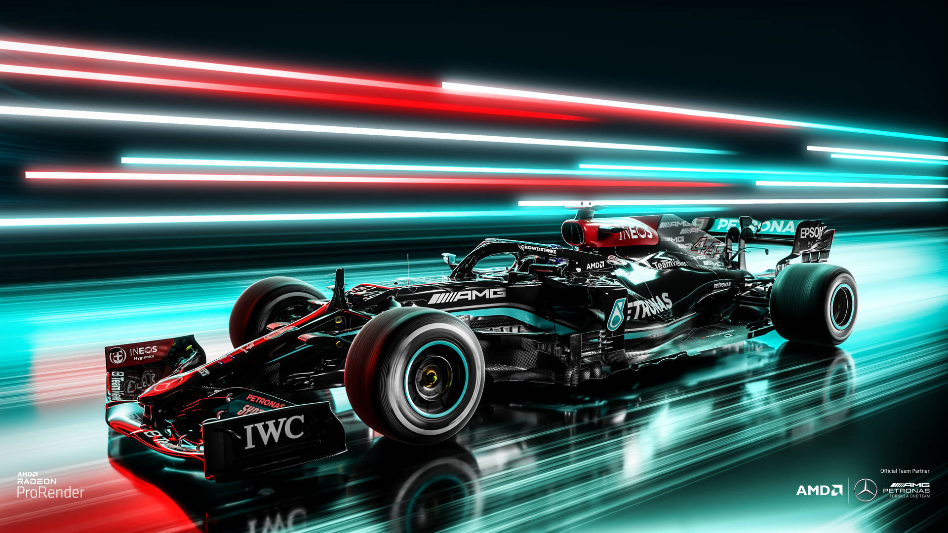 一輛高速一級方程式賽車在反射表面上留下霓虹燈軌跡。 — 酷炫F1 壁紙