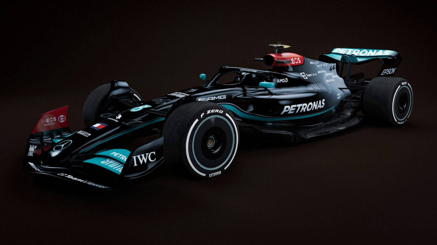 帶有Petronas品牌標誌的黑色和藍綠色一級方程式賽車，在攝影棚燈光下。 — 3D 壁紙