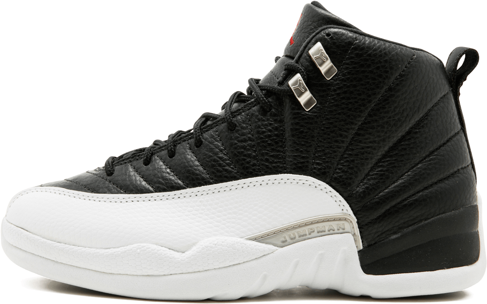 黑白高筒運動鞋，帶有銀色 Jumpman 標誌和質感皮革。 — Air Jordan 壁紙