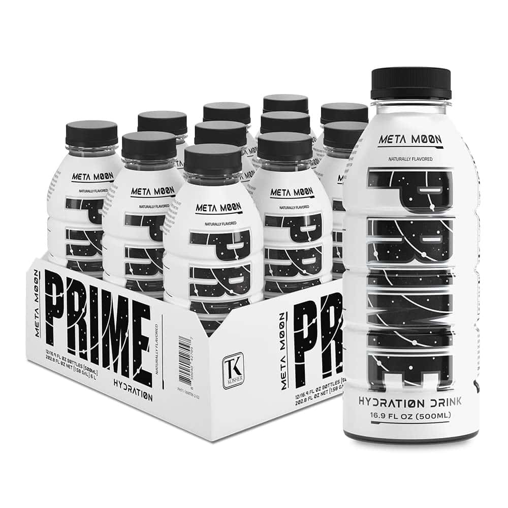  壁紙 — 一包時尚的黑白Meta Moon Prime補水飲品，瓶子和盒子上有粗體字體和宇宙星形圖案。