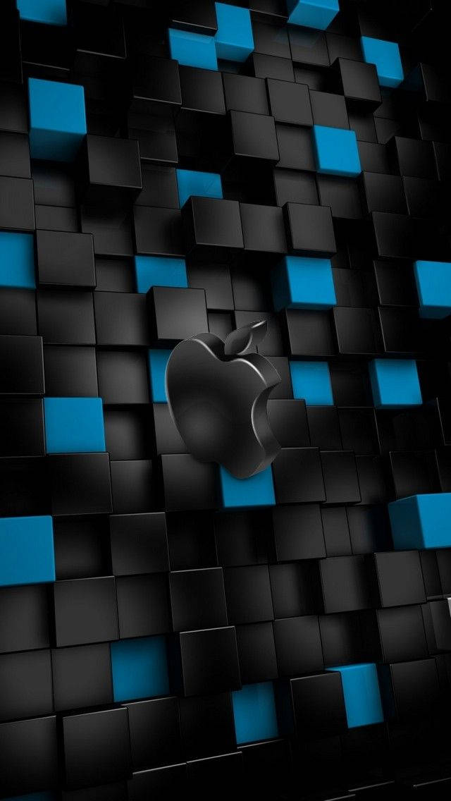 黑色Apple標誌在3D立方體牆上，帶有藍色高光。 — 3D 壁紙