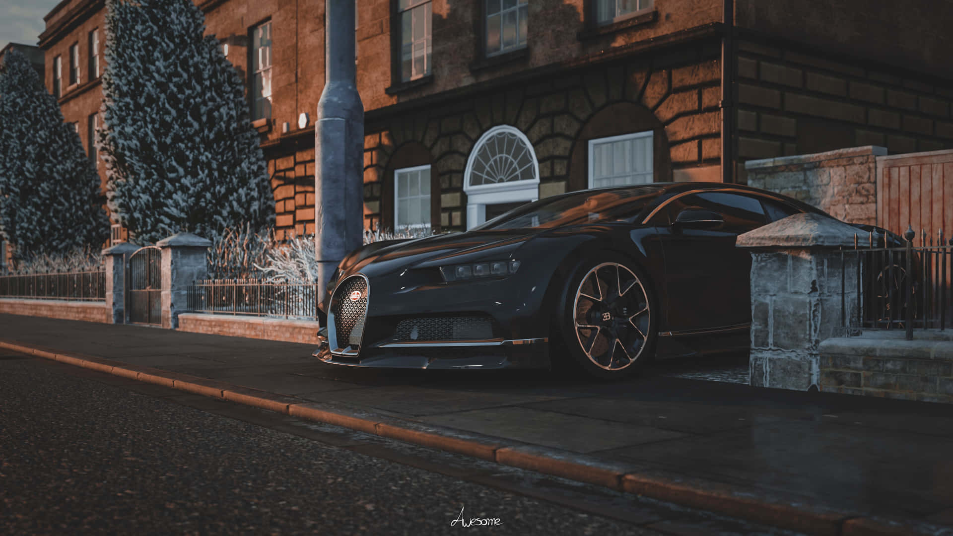 Bugatti Chiron 桌布 壁紙 — 一輛時尚黑色布加迪Chiron停泊在雪覆蓋的城市街道上，旁邊是石頭建築和結霜的樹木。